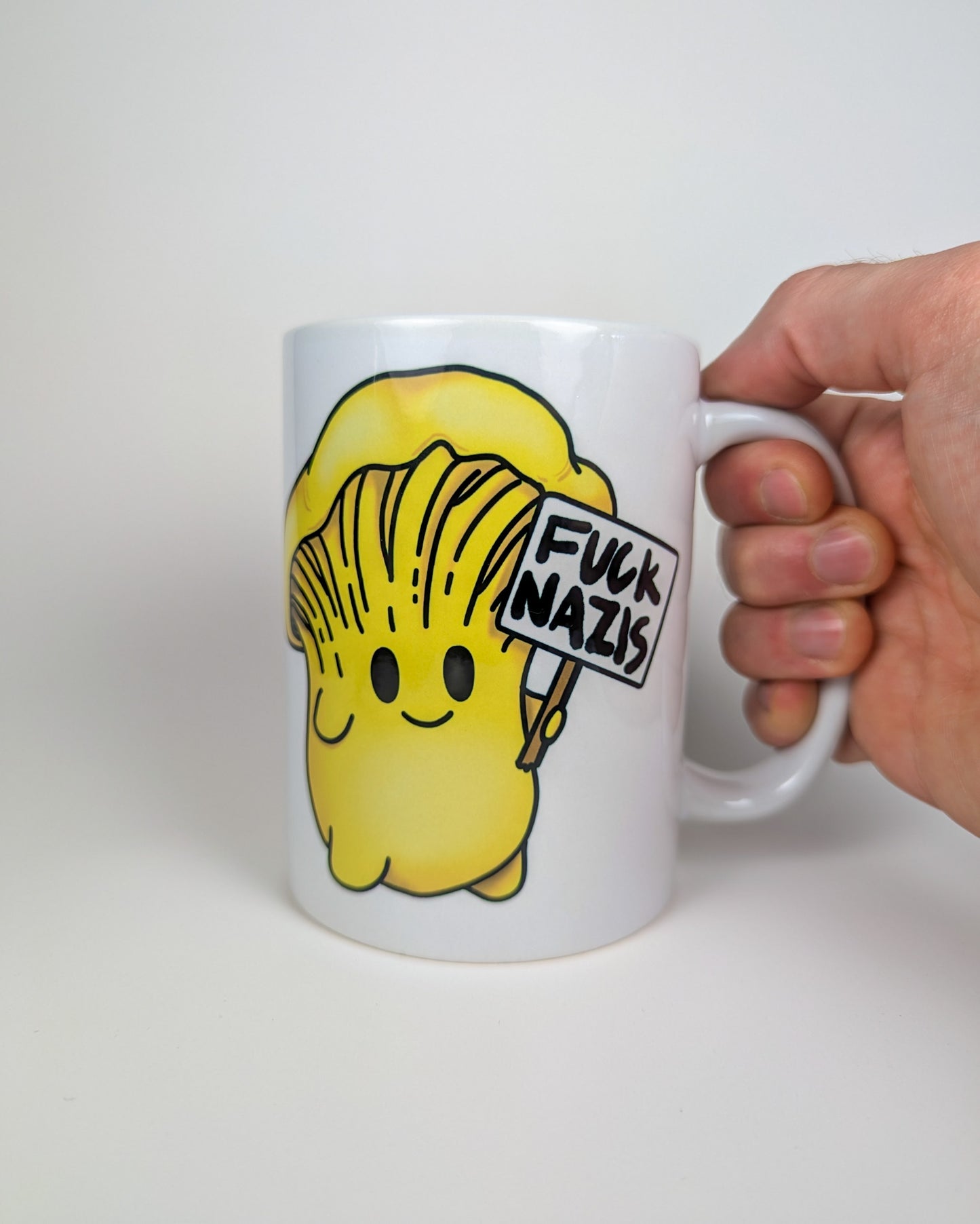 Fuck Nazis Chanterelle | Anti-Nazi Mushroom Mug | Mushroom Artwork on Ceramic Cup | 11oz/15oz Sizes