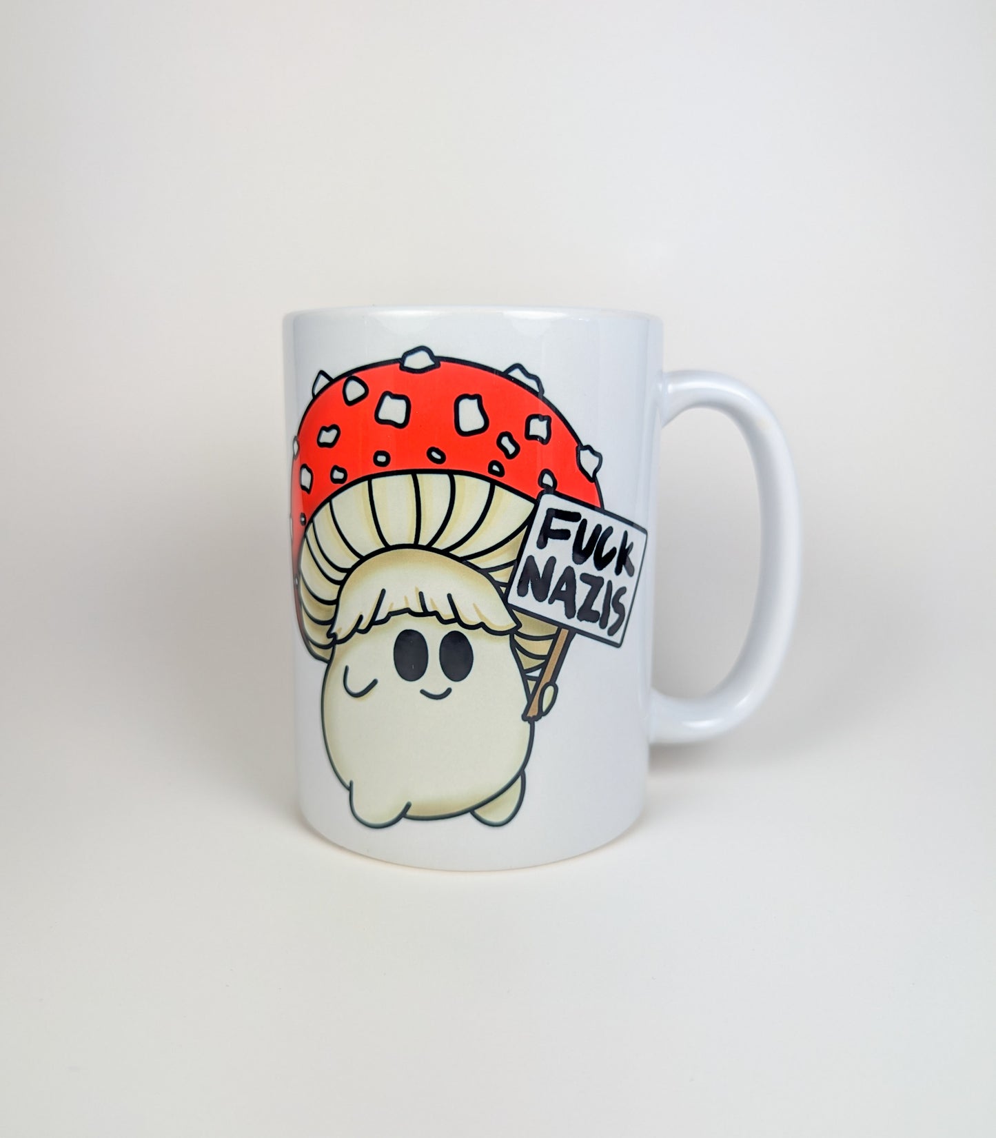 Fuck Nazis Amanita | Anti-Nazi Mushroom Mug | Mushroom Artwork on Ceramic Cup | 11oz/15oz Sizes