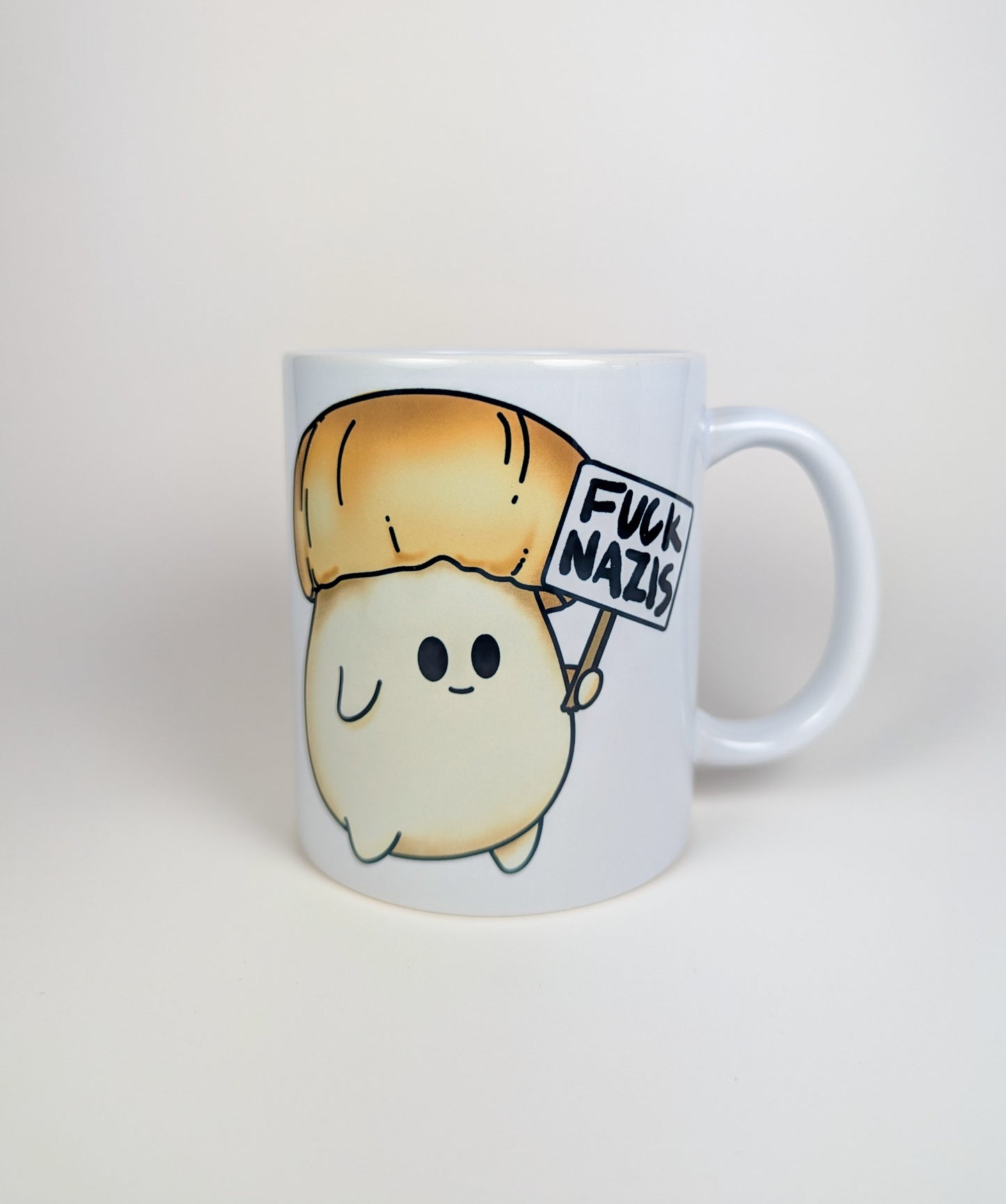 Fuck Nazis Porcini | Anti-Nazi Mushroom Mug | Mushroom Artwork on Ceramic Cup | 11oz/15oz Sizes