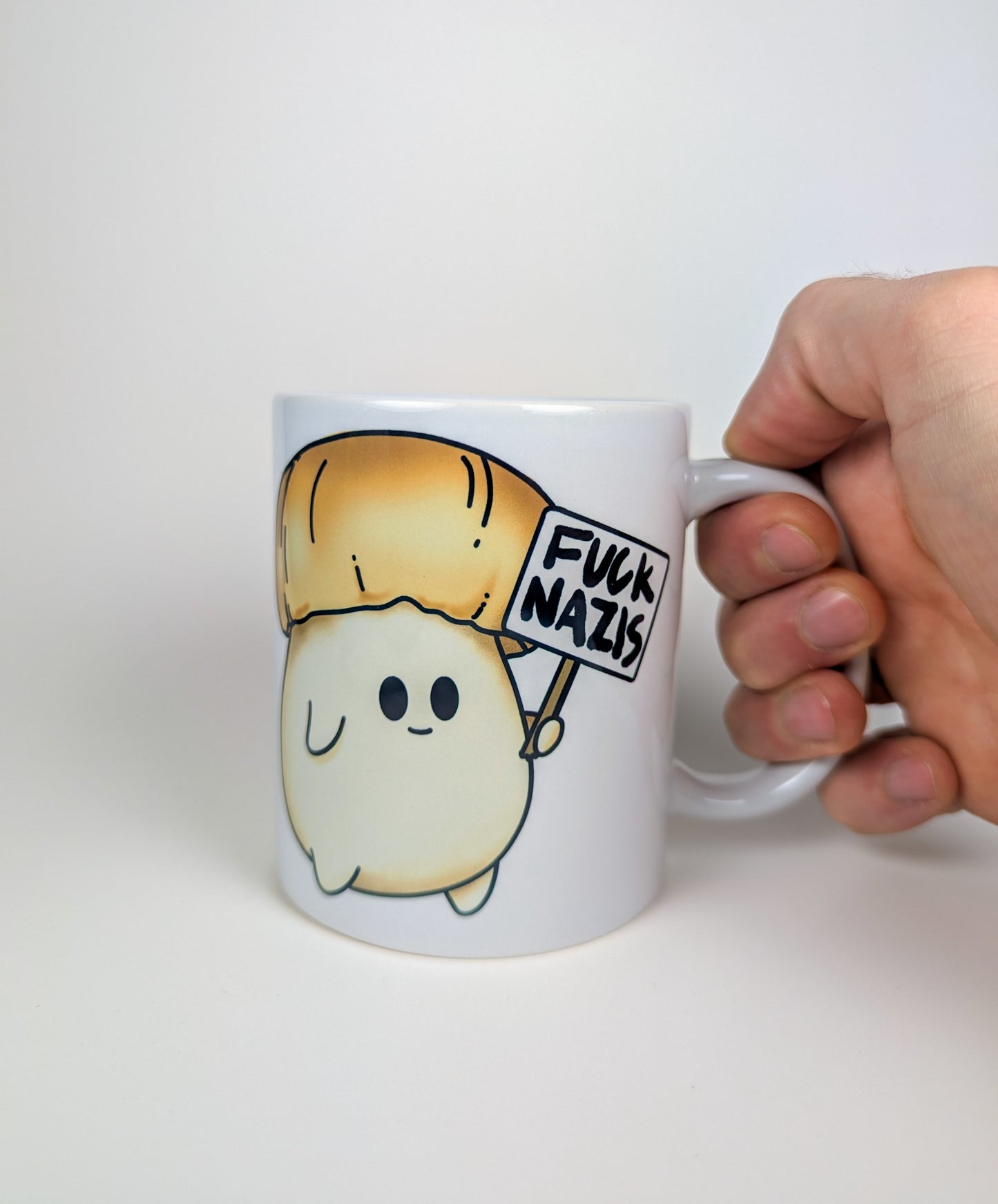 Fuck Nazis Porcini | Anti-Nazi Mushroom Mug | Mushroom Artwork on Ceramic Cup | 11oz/15oz Sizes