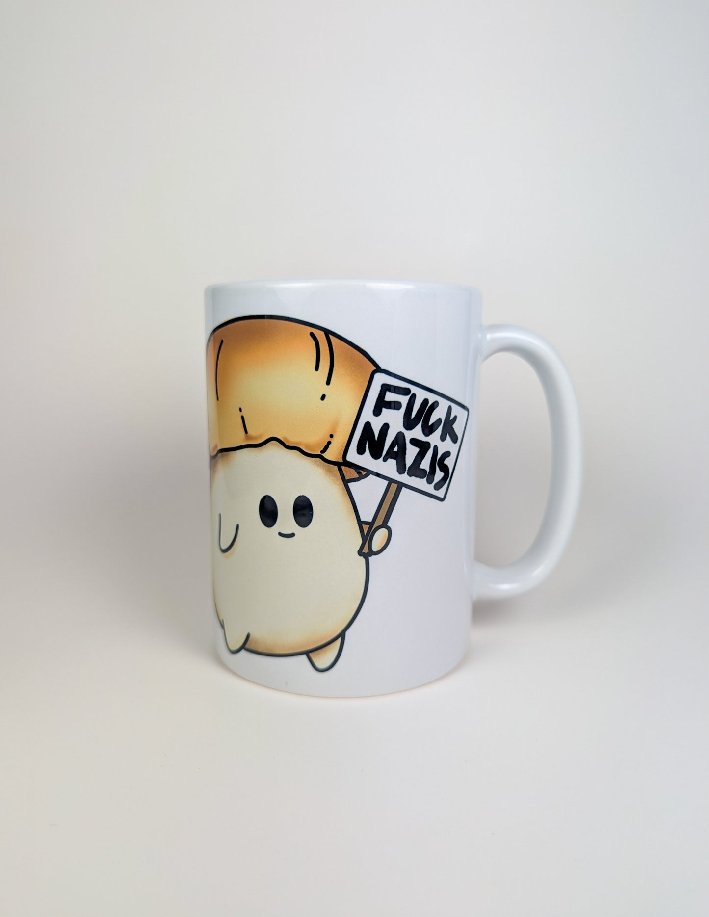 Fuck Nazis Porcini | Anti-Nazi Mushroom Mug | Mushroom Artwork on Ceramic Cup | 11oz/15oz Sizes