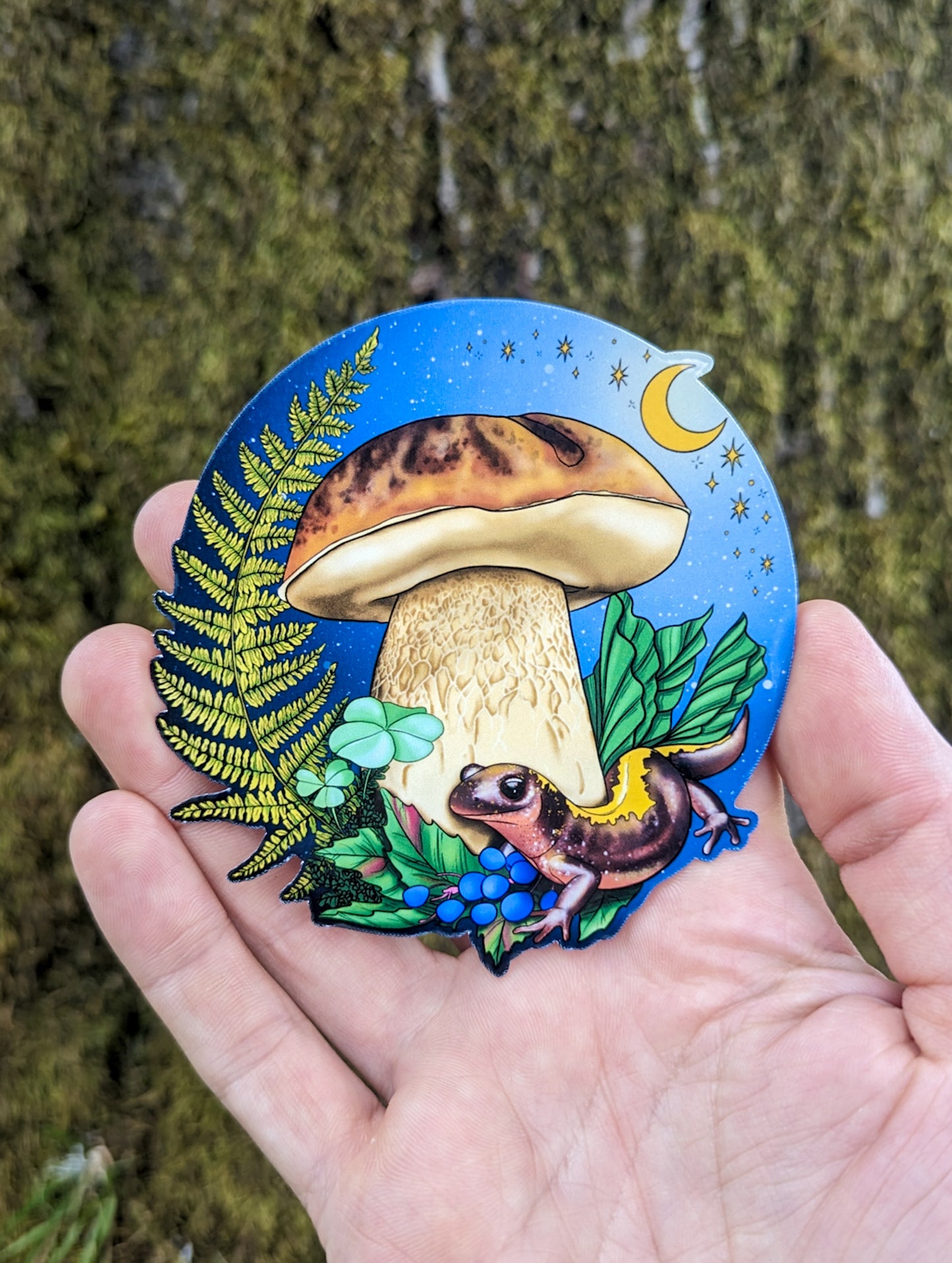 Porcini Mushroom and Salamander Sticker | Beautiful Mushroom Nature Scene
