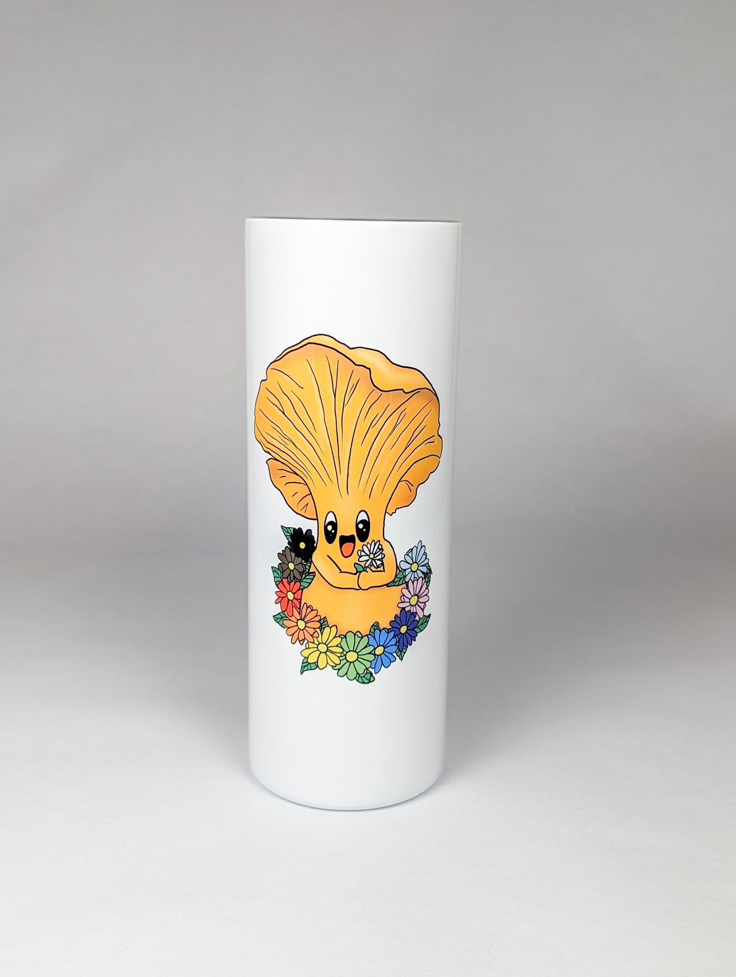 Chanterelle Mushroom w/Pride Rainbow Flowers | 20oz Stainless Steel Skinny Tumbler | Adorable, Inclusive Mushroom Artwork