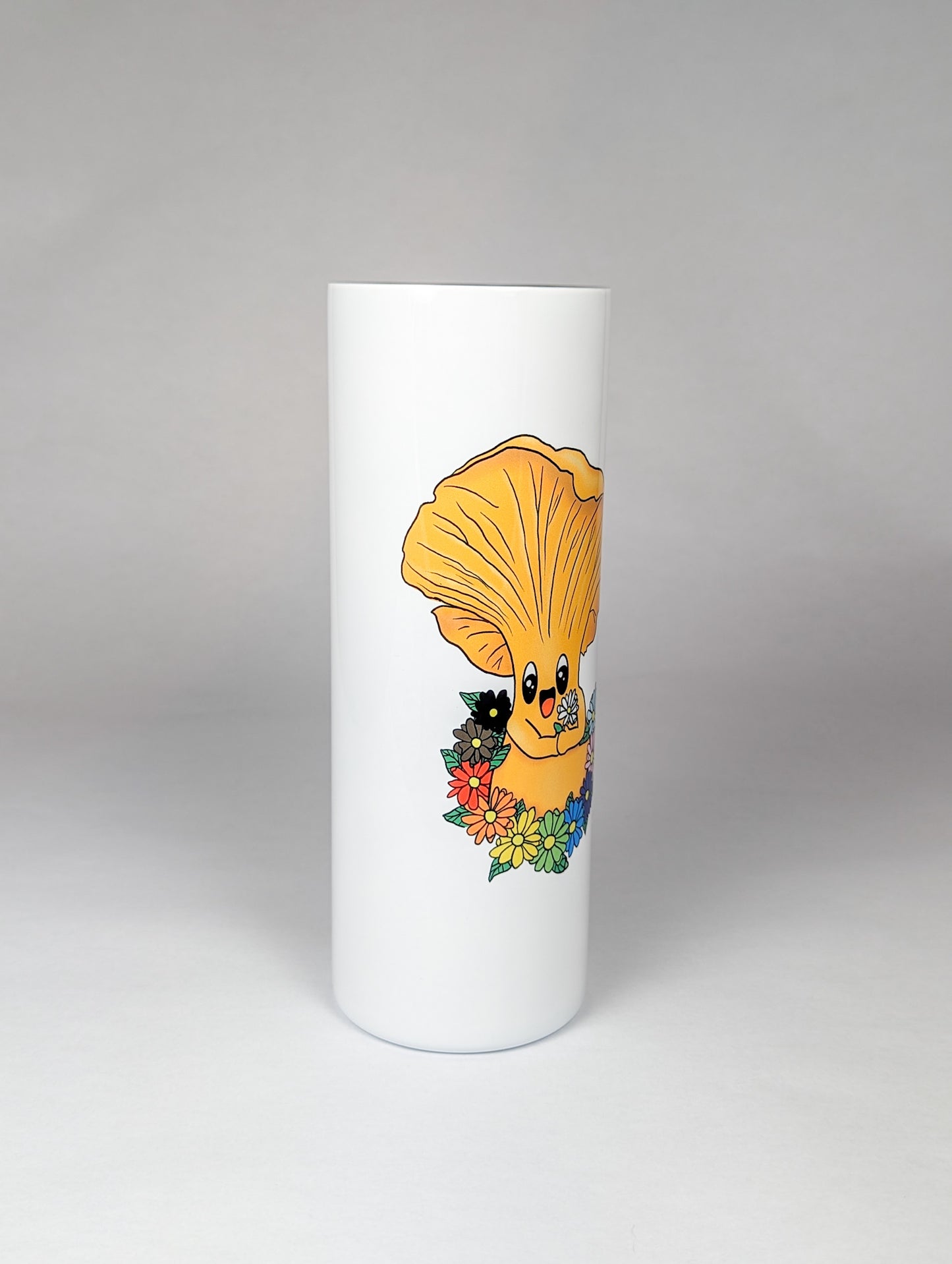 Chanterelle Mushroom w/Pride Rainbow Flowers | 20oz Stainless Steel Skinny Tumbler | Adorable, Inclusive Mushroom Artwork