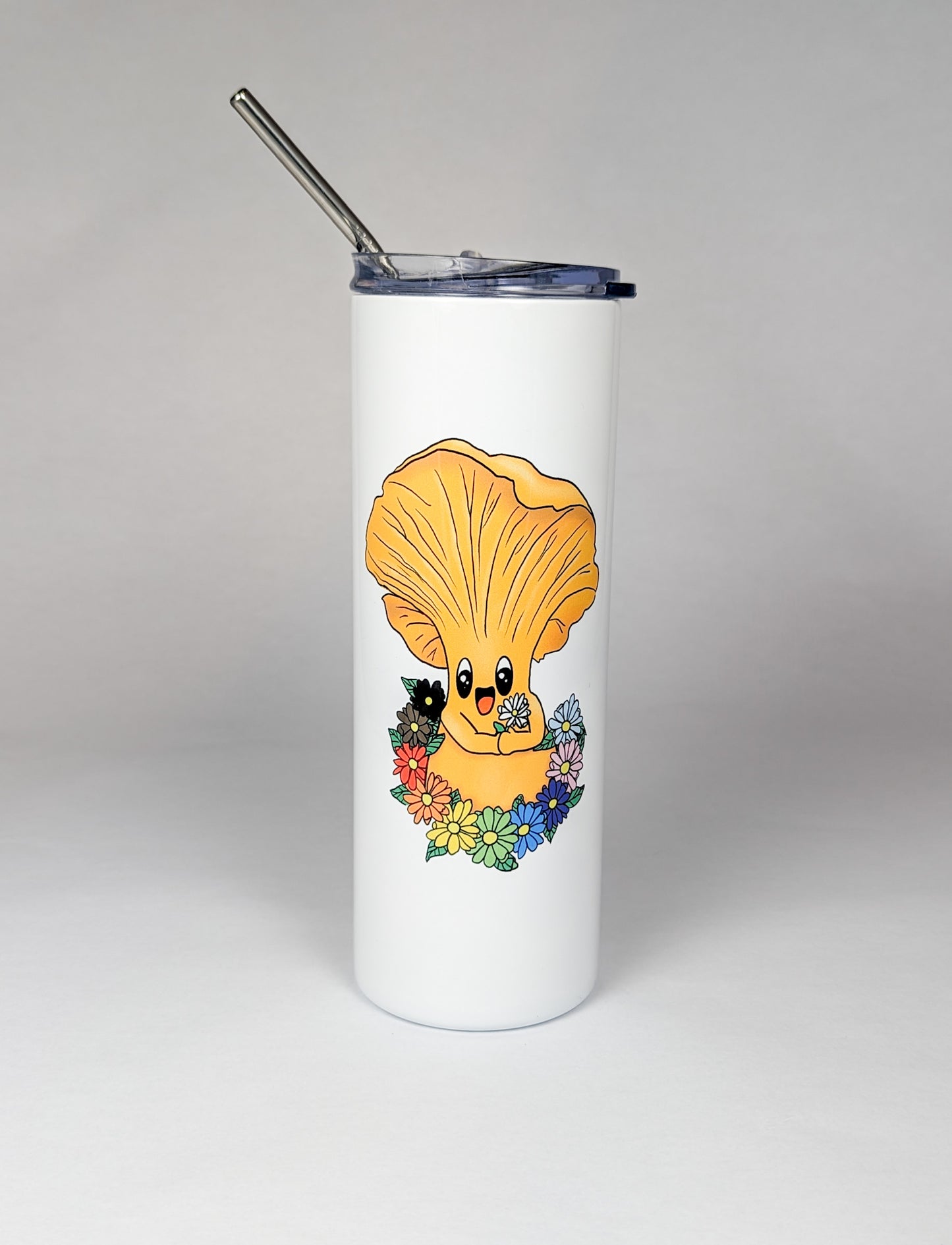 Chanterelle Mushroom w/Pride Rainbow Flowers | 20oz Stainless Steel Skinny Tumbler | Adorable, Inclusive Mushroom Artwork
