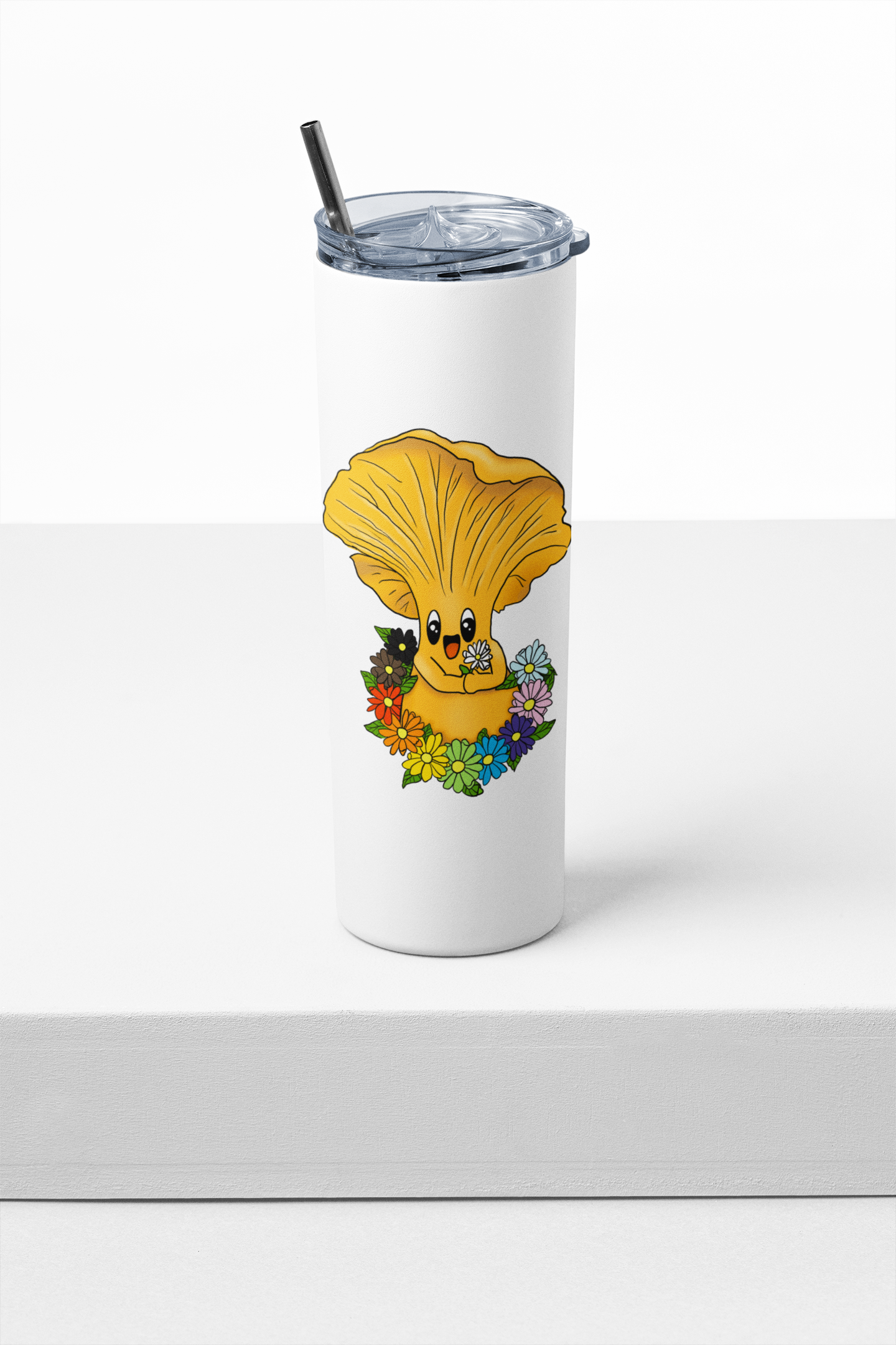 Chanterelle Mushroom w/Pride Rainbow Flowers | 20oz Stainless Steel Skinny Tumbler | Adorable, Inclusive Mushroom Artwork
