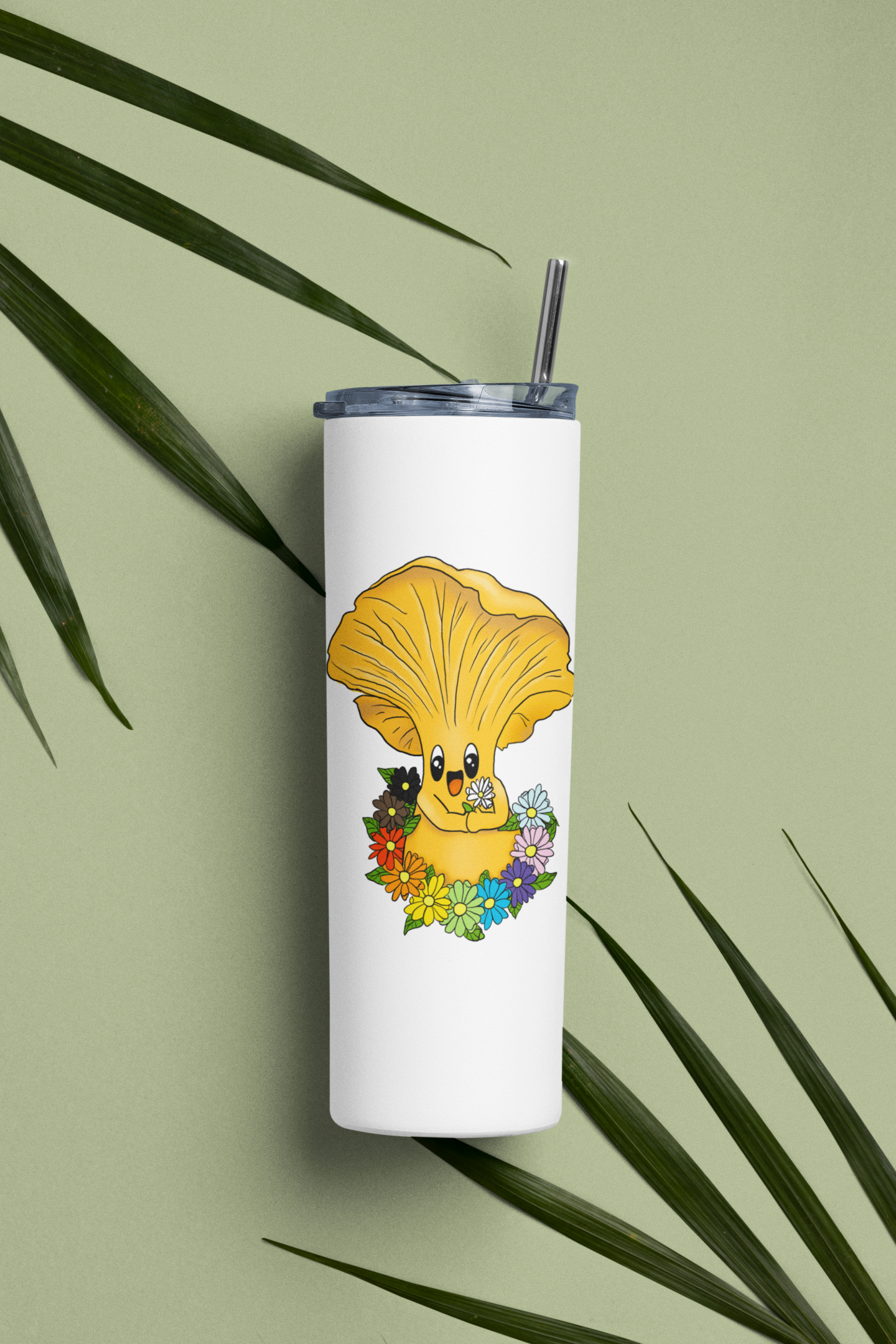 Chanterelle Mushroom w/Pride Rainbow Flowers | 20oz Stainless Steel Skinny Tumbler | Adorable, Inclusive Mushroom Artwork