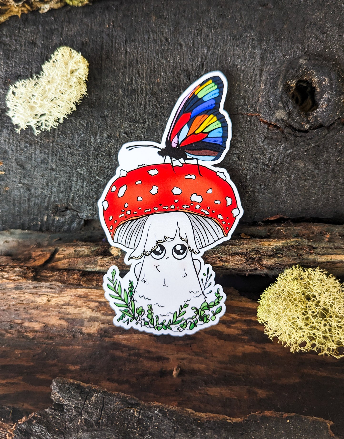 Amanita Mushroom Sticker w/ Pride Rainbow Butterfly