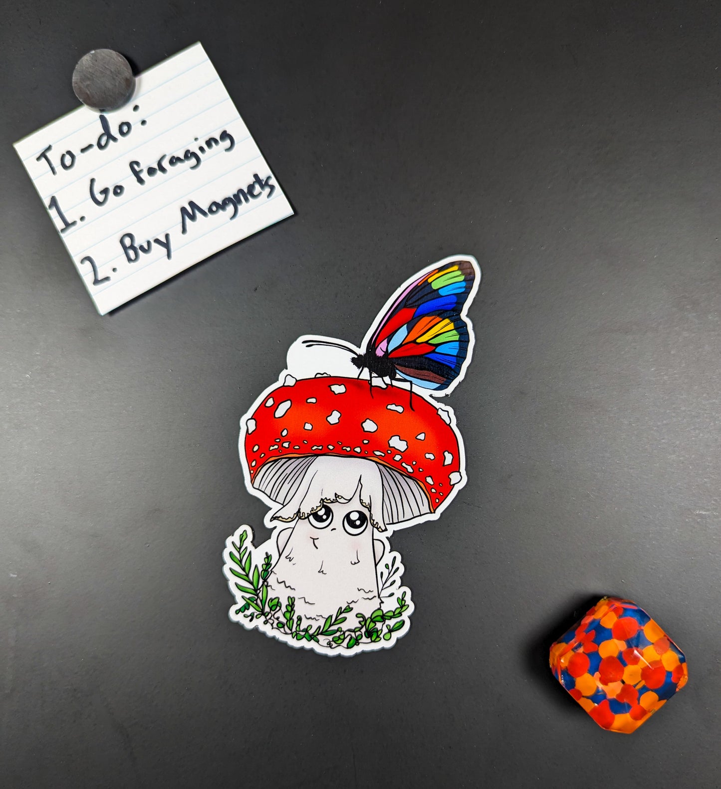 Amanita Mushroom Magnet w/ Pride Rainbow Butterfly