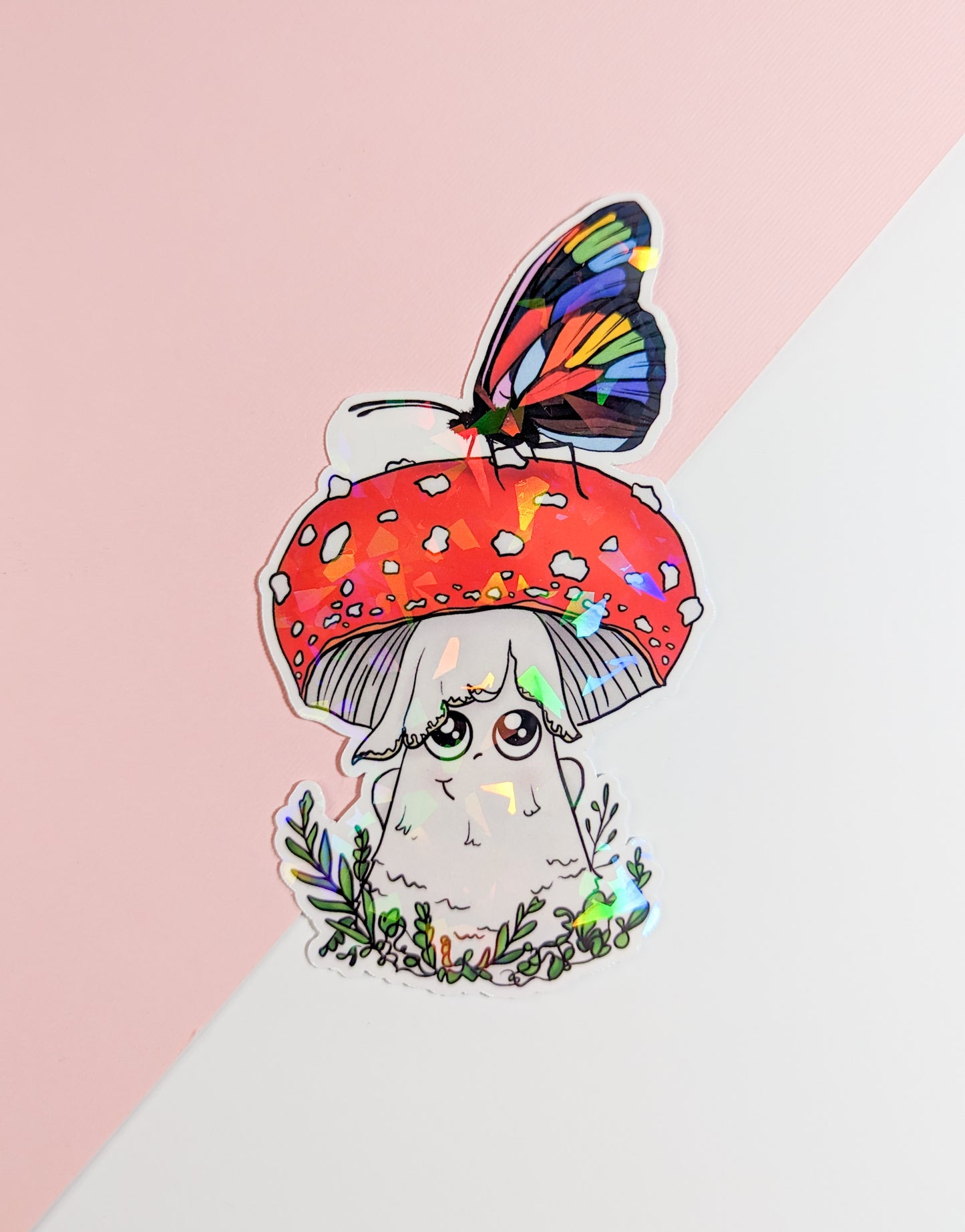 Amanita Mushroom Sticker w/ Pride Rainbow Butterfly