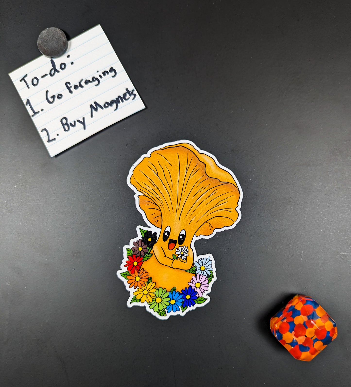 Chanterelle Mushroom Magnet w/ Pride Rainbow Flowers