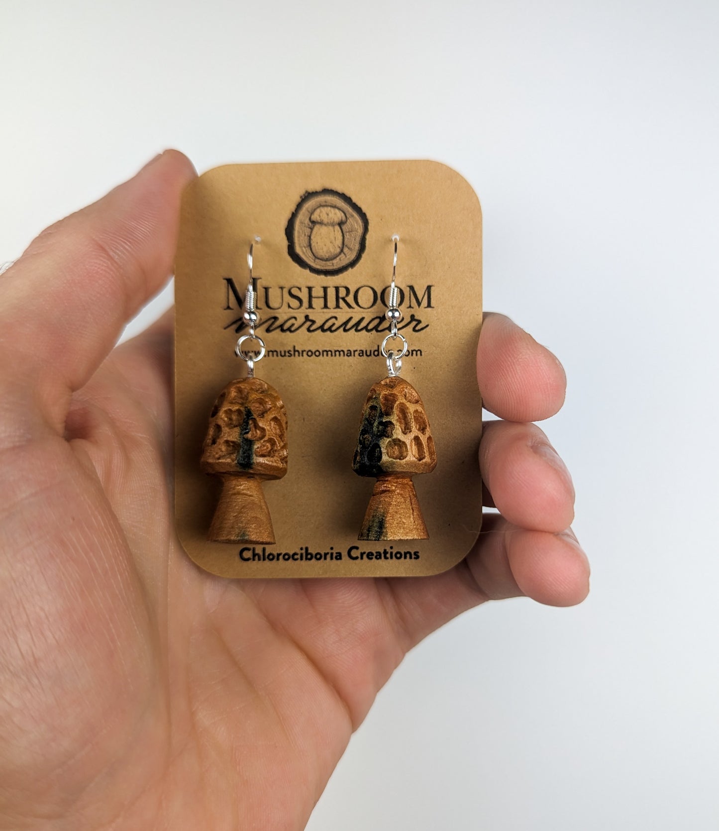 Morel Mushroom Earrings | Carved From Naturally Green, Fungus-Stained Wood