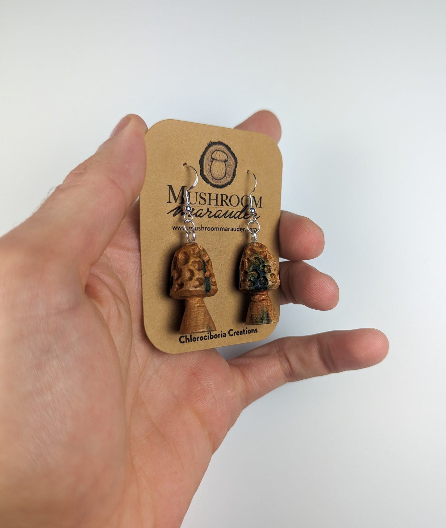Morel Mushroom Earrings | Carved From Naturally Green, Fungus-Stained Wood