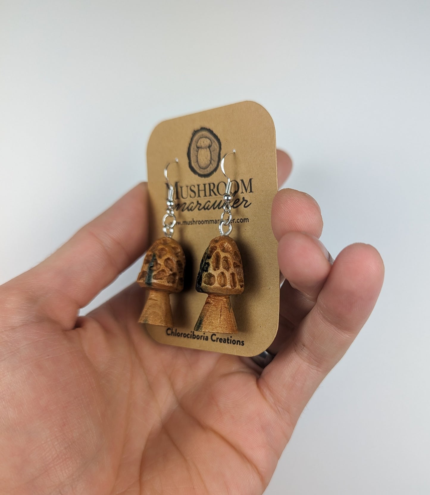 Morel Mushroom Earrings | Carved From Naturally Green, Fungus-Stained Wood