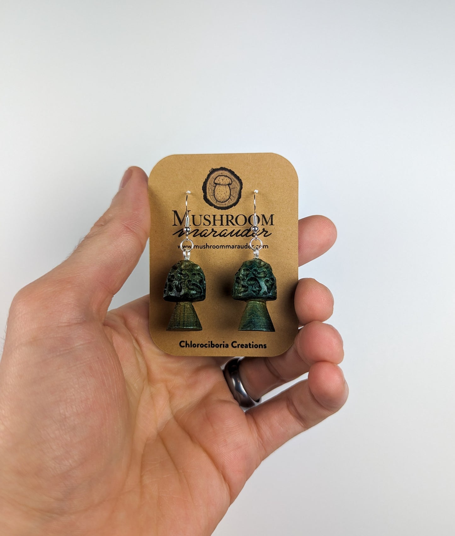 Morel Mushroom Earrings | Carved From Naturally Green, Fungus-Stained Wood