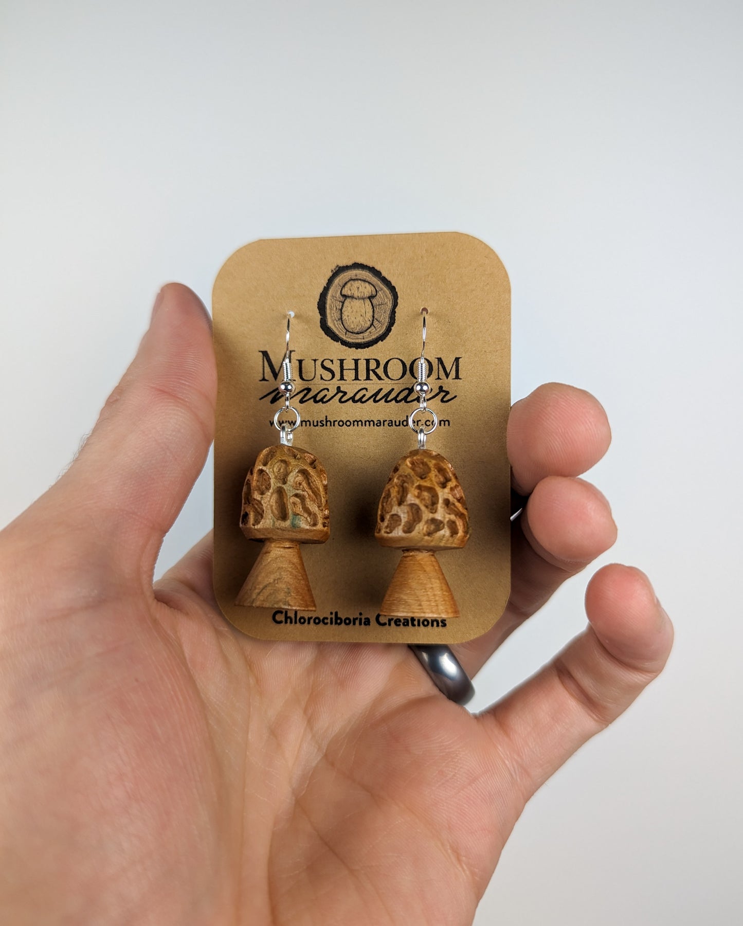 Morel Mushroom Earrings | Carved From Naturally Green, Fungus-Stained Wood
