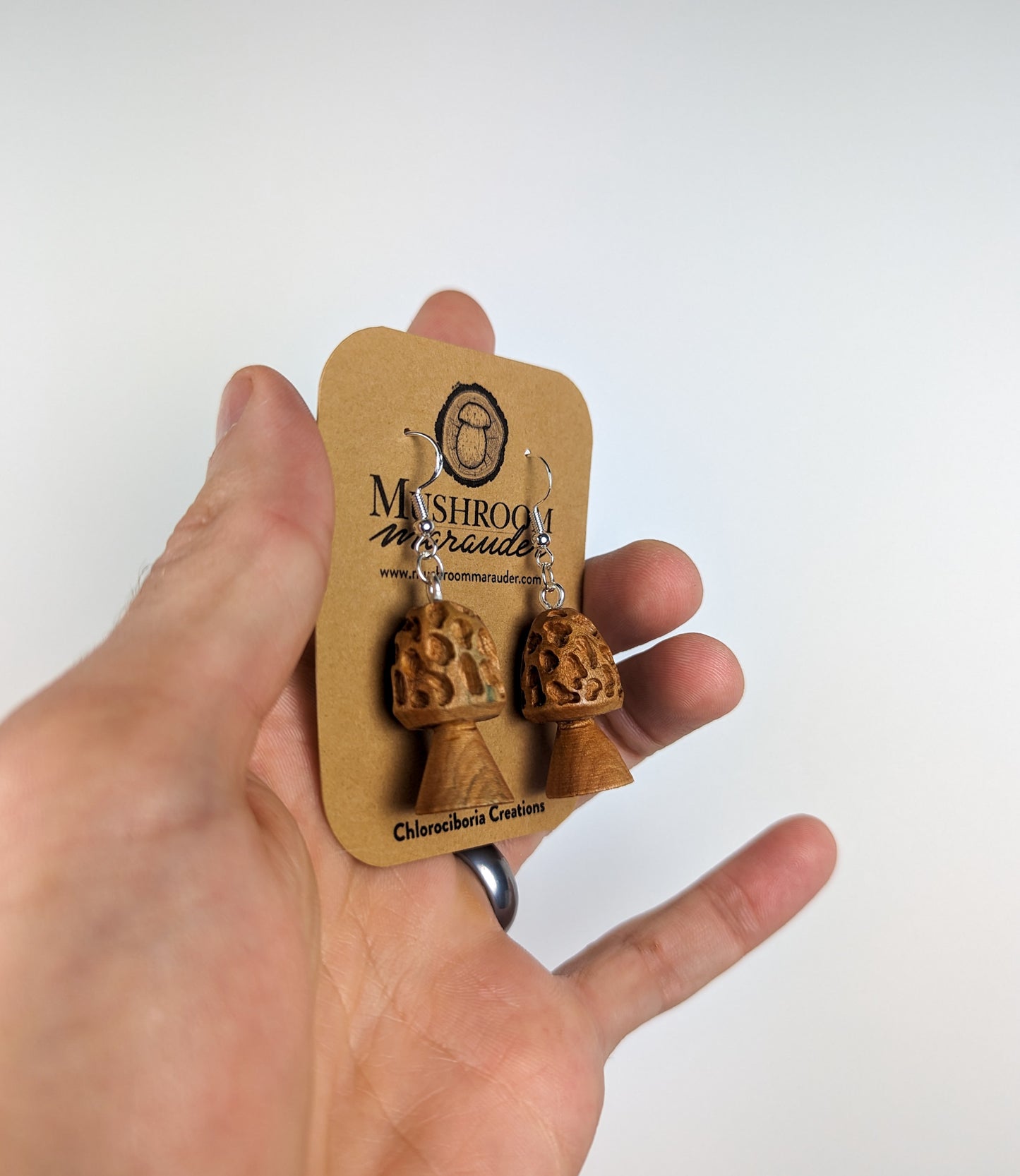 Morel Mushroom Earrings | Carved From Naturally Green, Fungus-Stained Wood