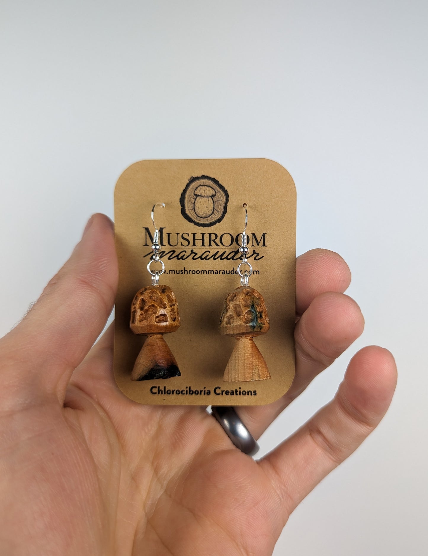Morel Mushroom Earrings | Carved From Naturally Green, Fungus-Stained Wood
