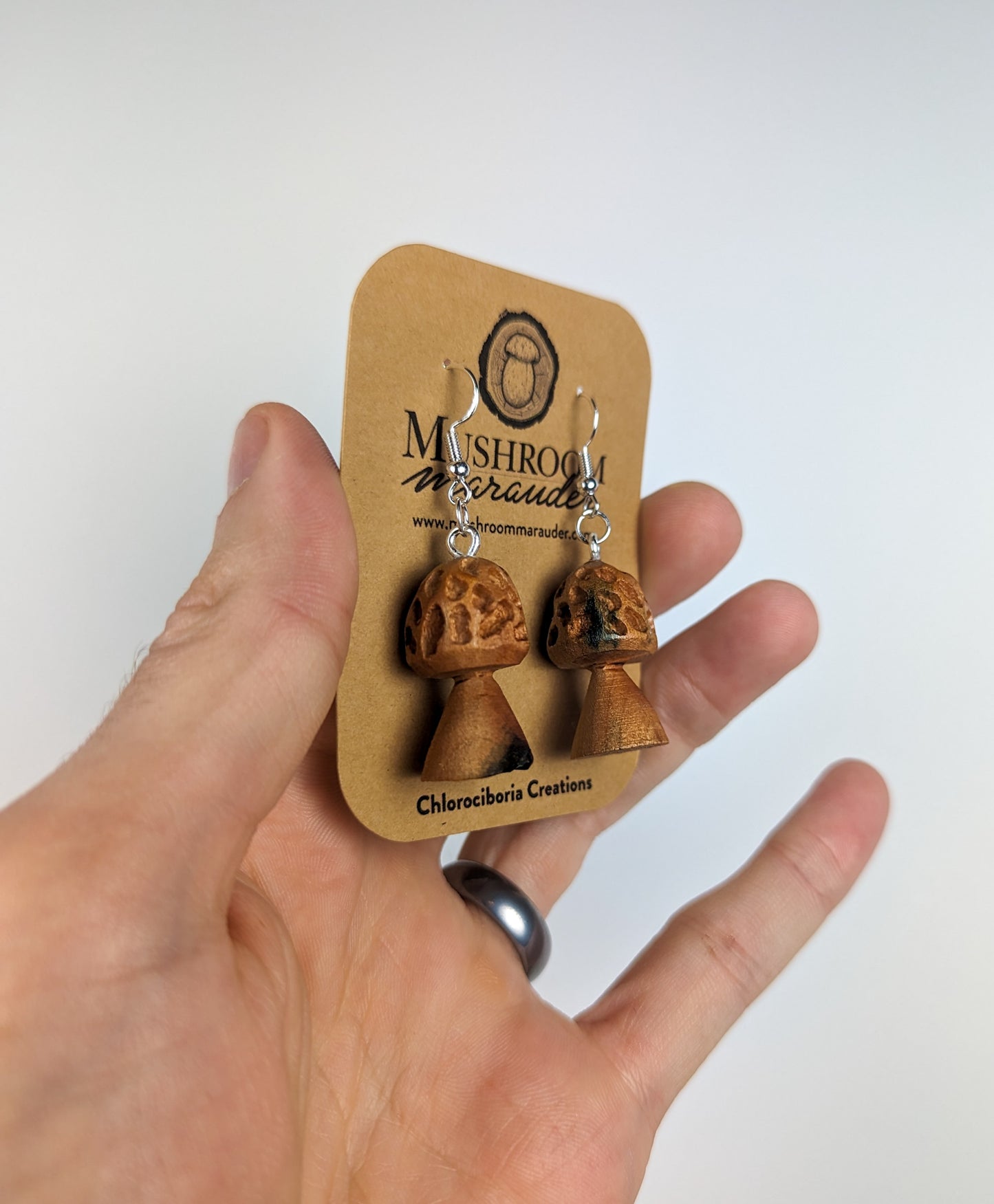 Morel Mushroom Earrings | Carved From Naturally Green, Fungus-Stained Wood