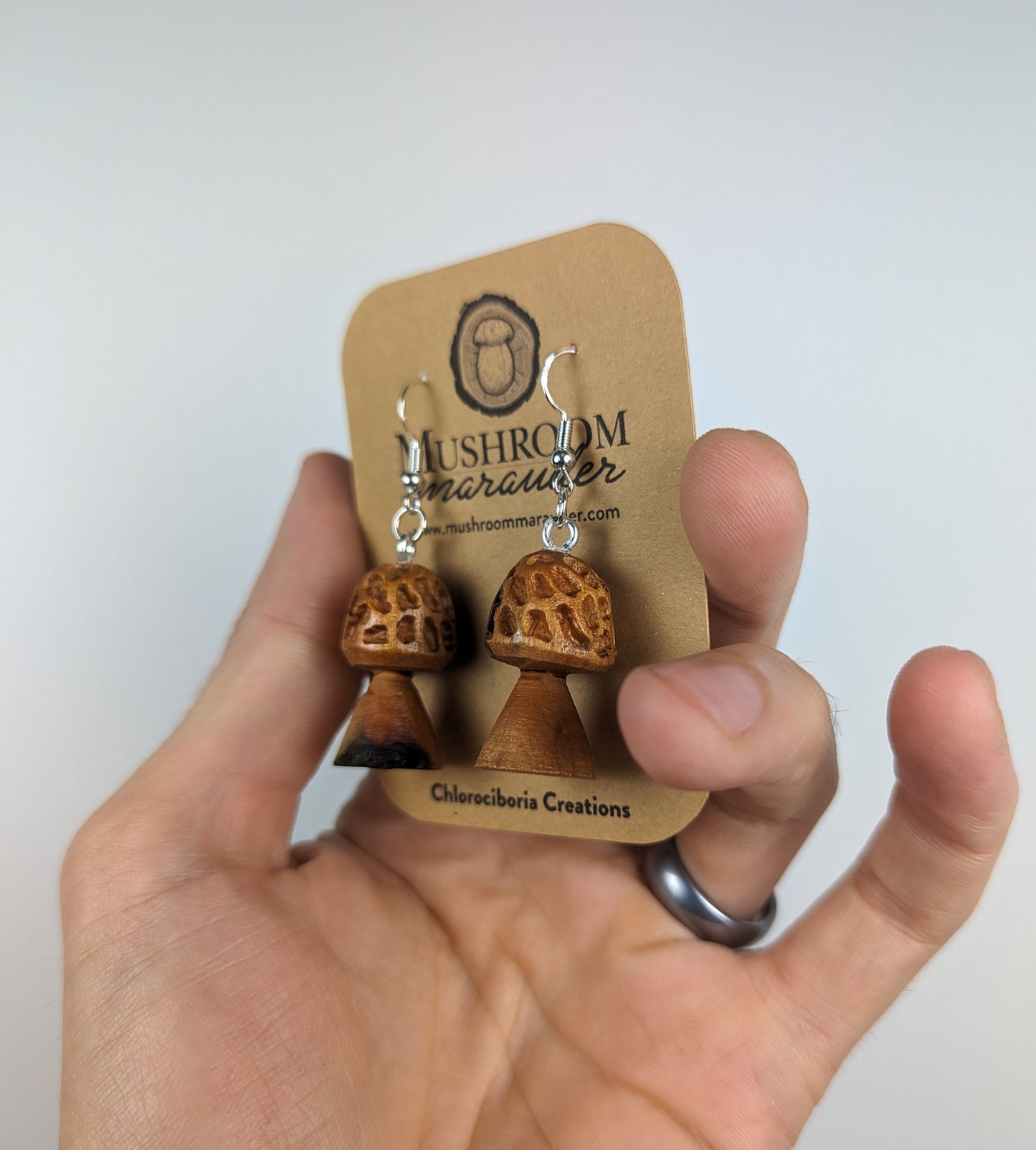 Morel Mushroom Earrings | Carved From Naturally Green, Fungus-Stained Wood