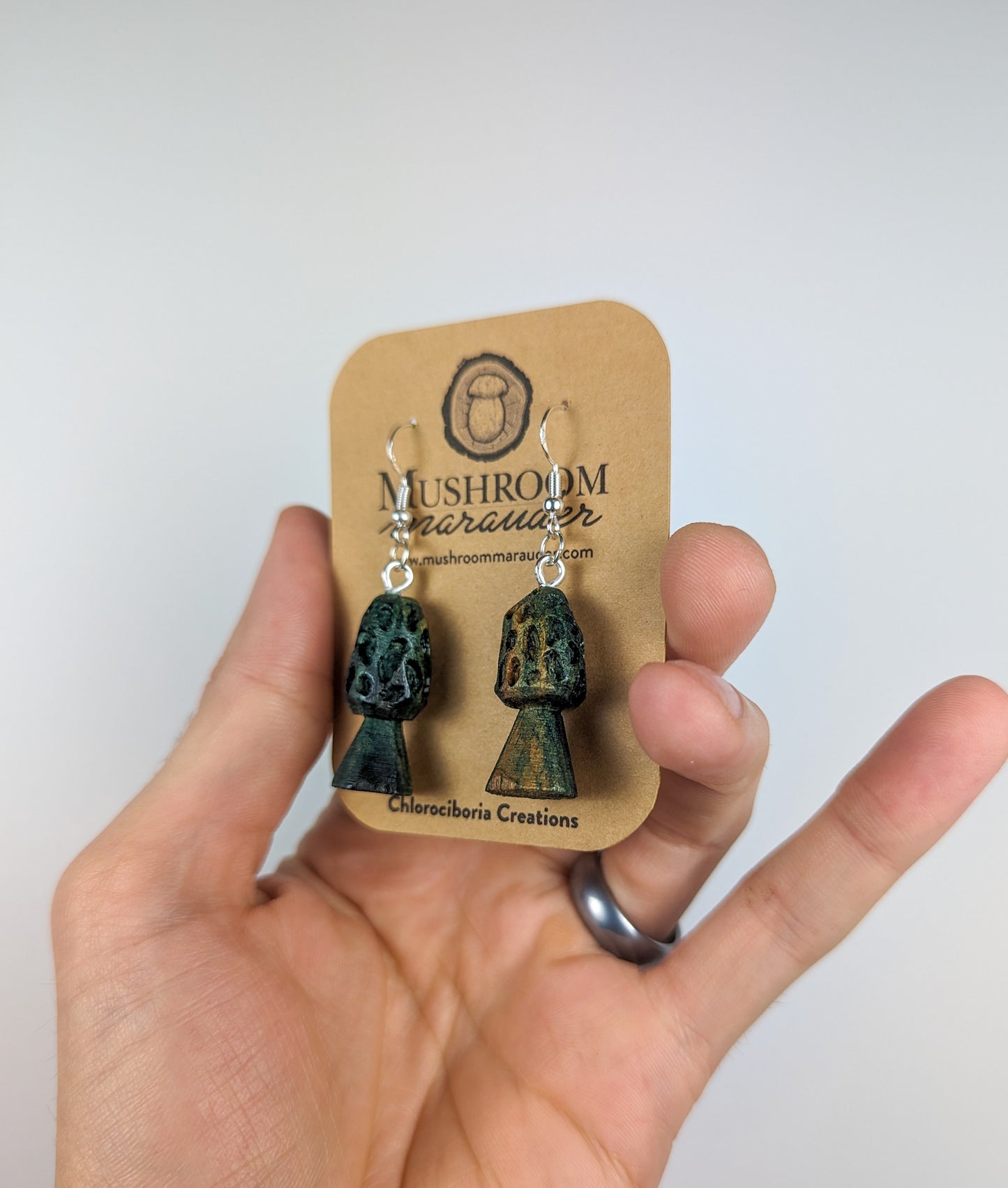 Morel Mushroom Earrings | Carved From Naturally Green, Fungus-Stained Wood