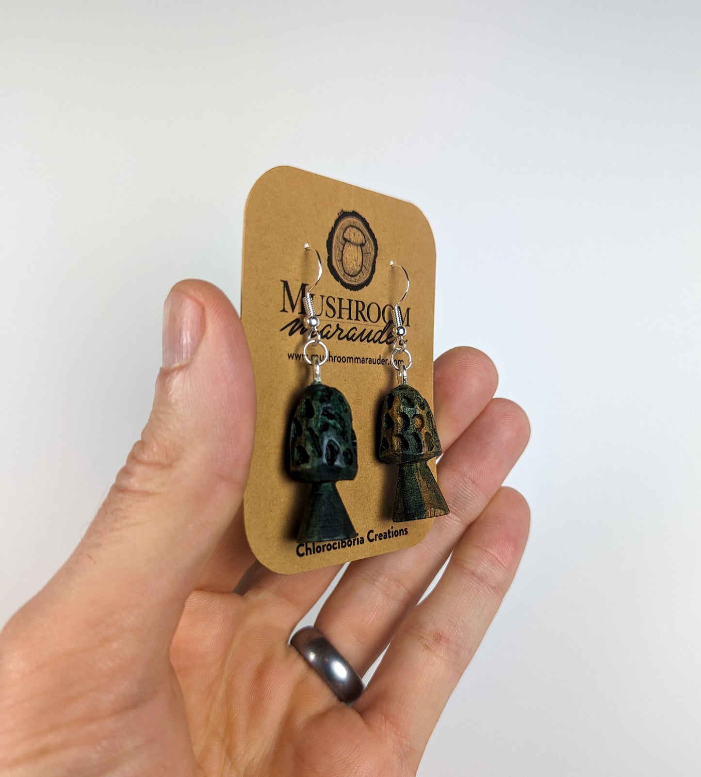 Morel Mushroom Earrings | Carved From Naturally Green, Fungus-Stained Wood