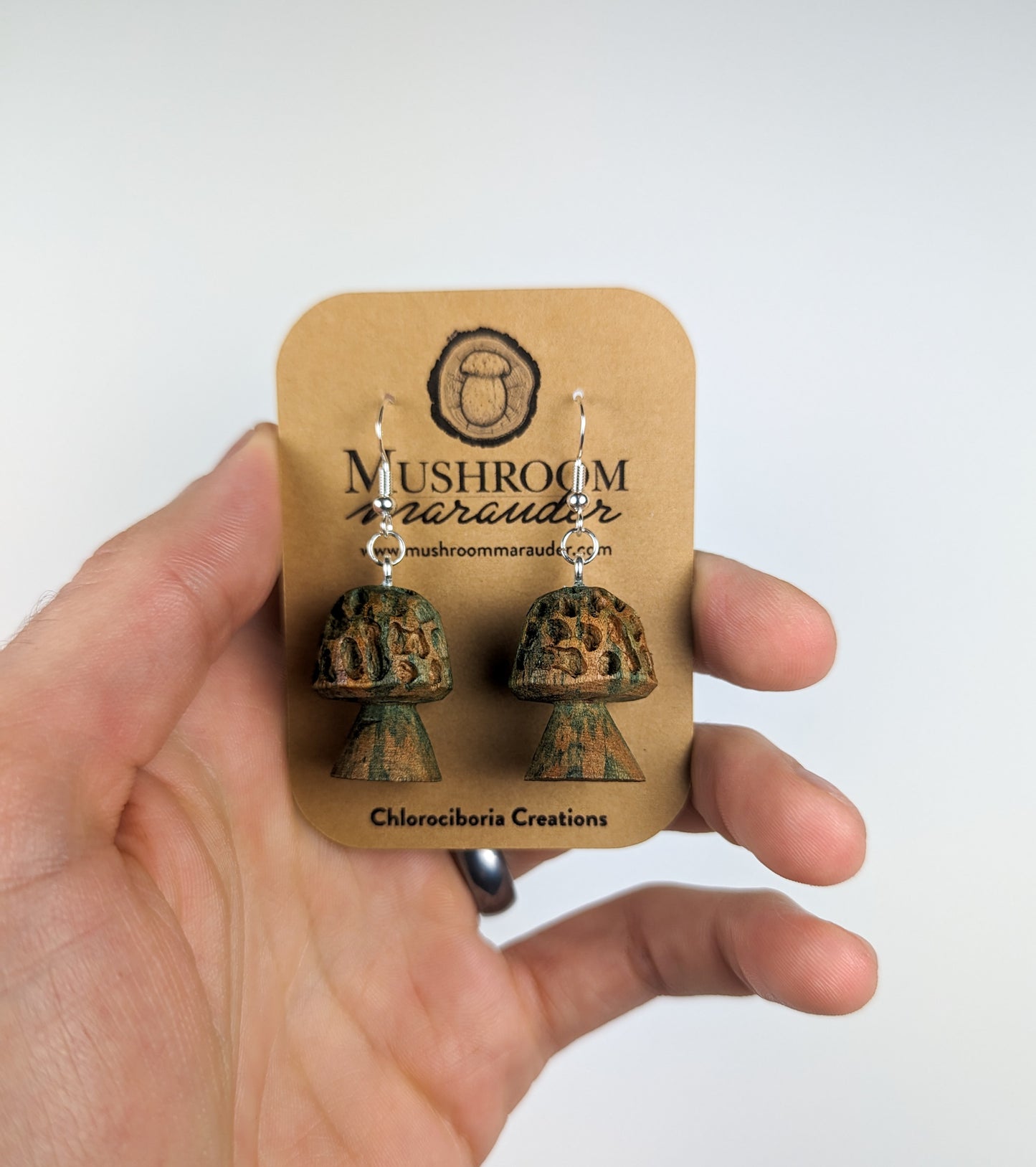 Morel Mushroom Earrings | Carved From Naturally Green, Fungus-Stained Wood