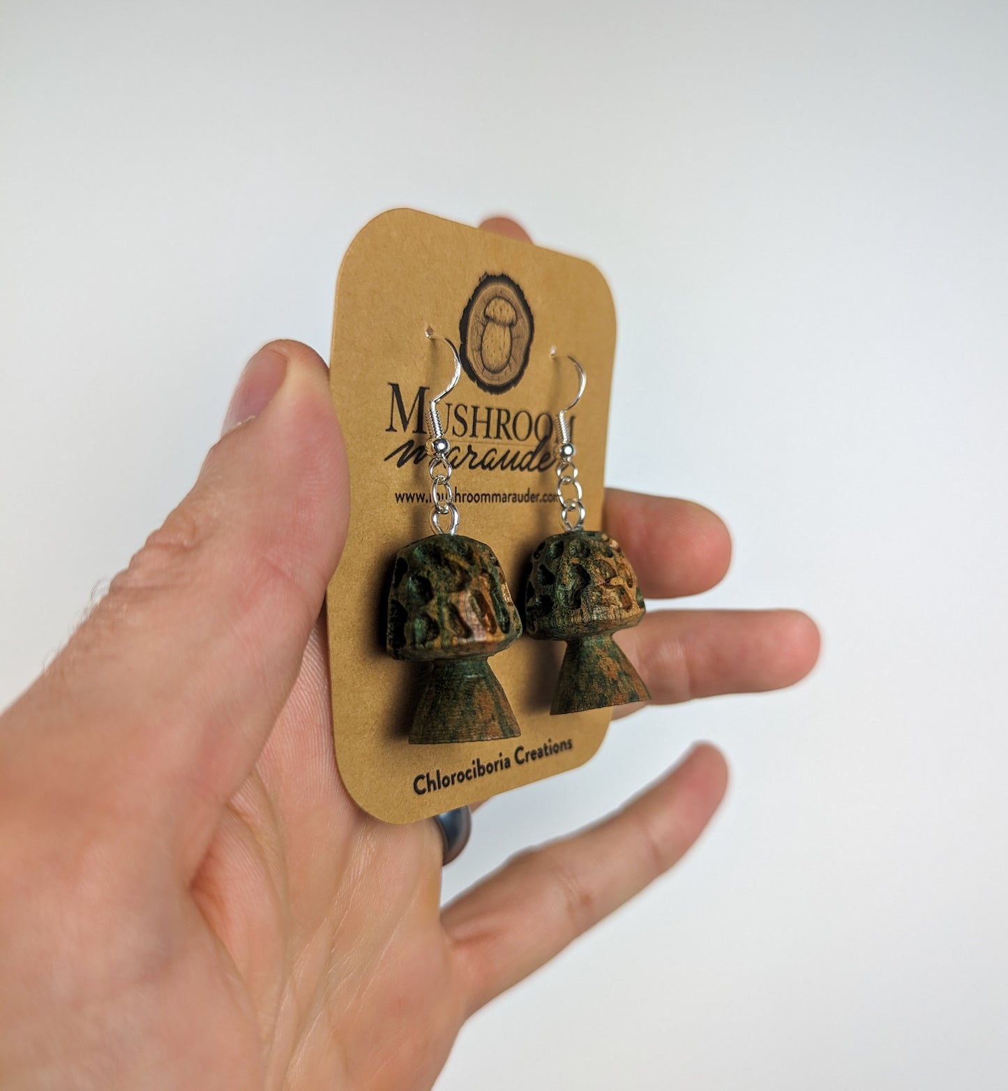 Morel Mushroom Earrings | Carved From Naturally Green, Fungus-Stained Wood