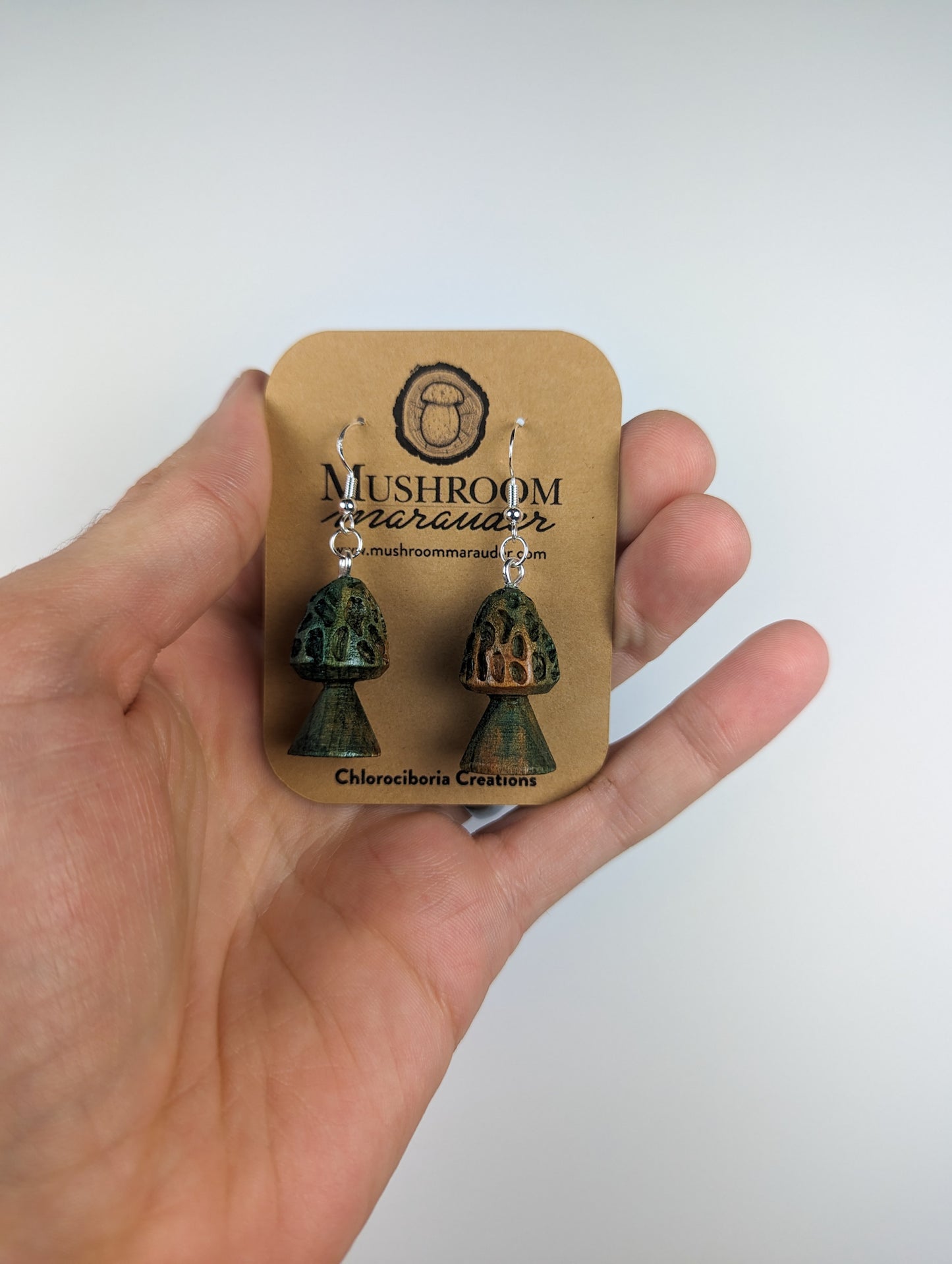 Morel Mushroom Earrings | Carved From Naturally Green, Fungus-Stained Wood