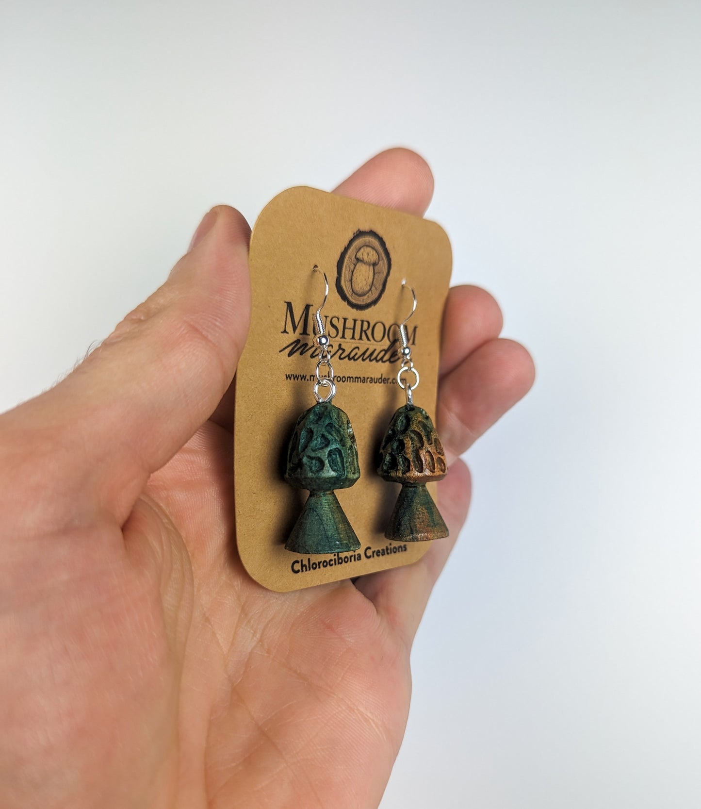 Morel Mushroom Earrings | Carved From Naturally Green, Fungus-Stained Wood