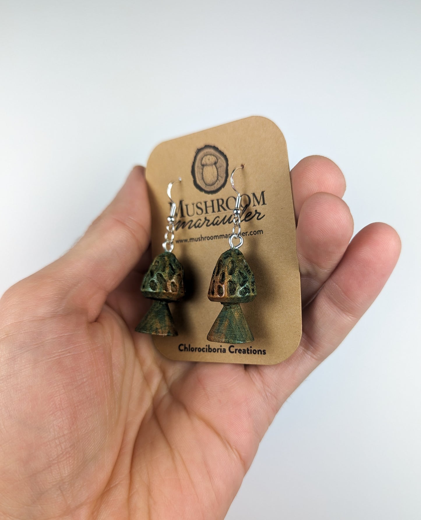 Morel Mushroom Earrings | Carved From Naturally Green, Fungus-Stained Wood