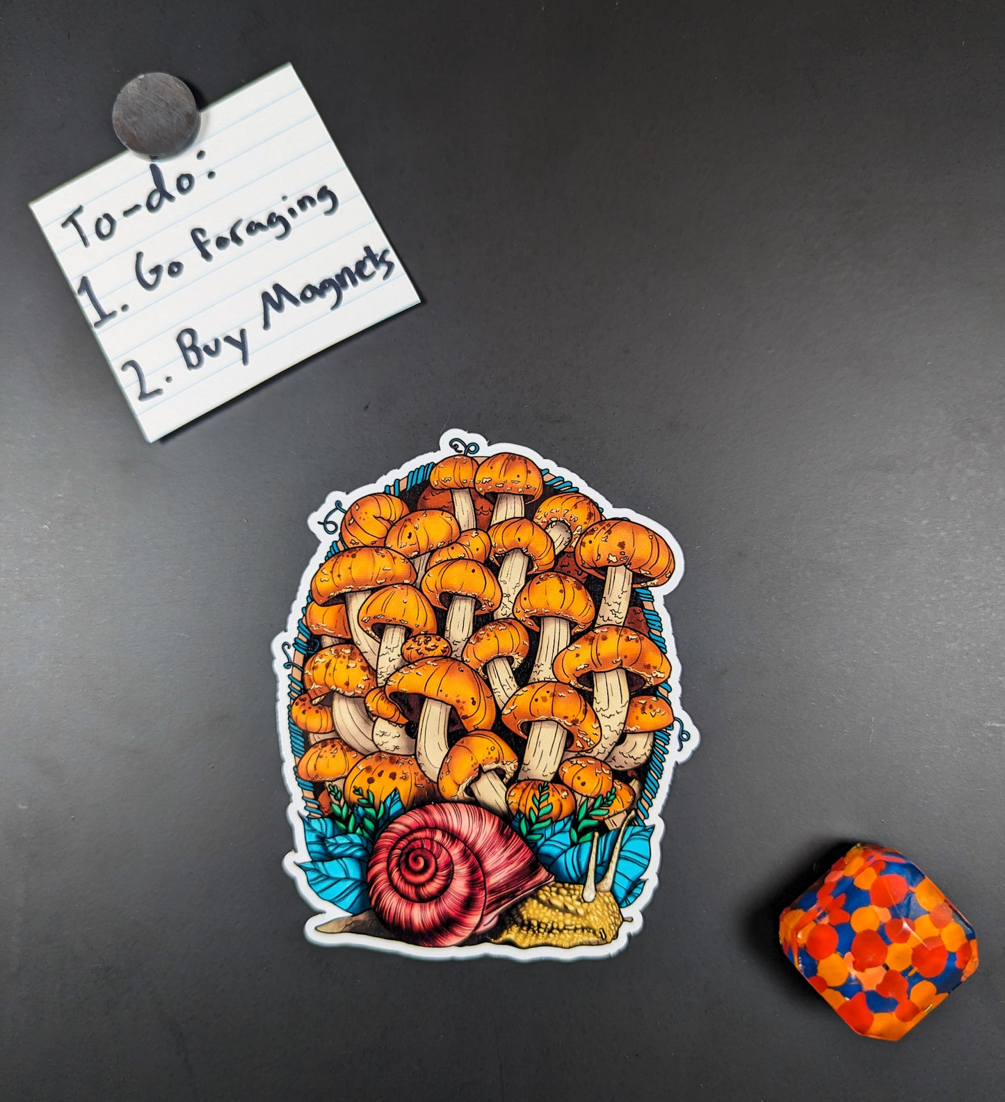 Land Snail and Chestnut Mushrooms Magnet | Beautiful Cottagecore Artwork