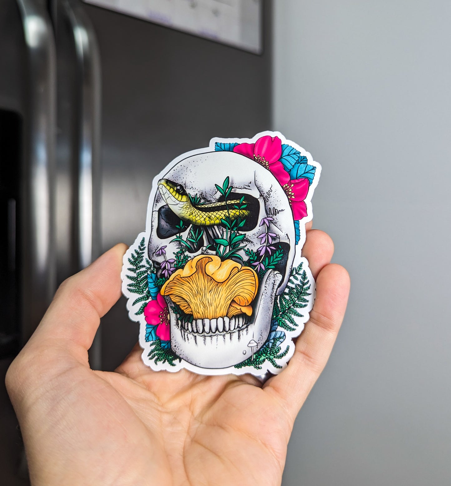 Skull, Snake, Chanterelle and Flowers | Morbid Mushroom Magnet