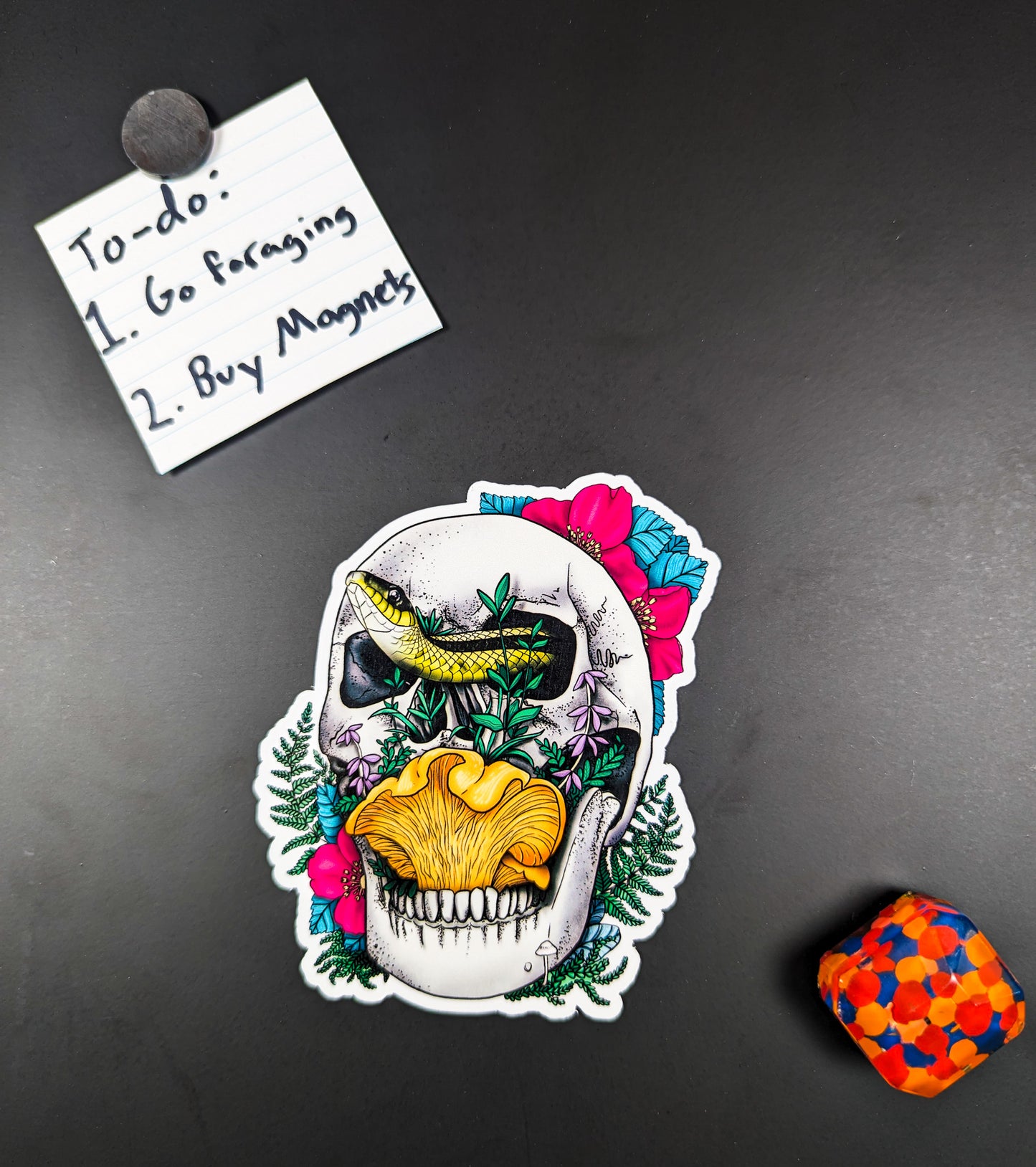 Skull, Snake, Chanterelle and Flowers | Morbid Mushroom Magnet