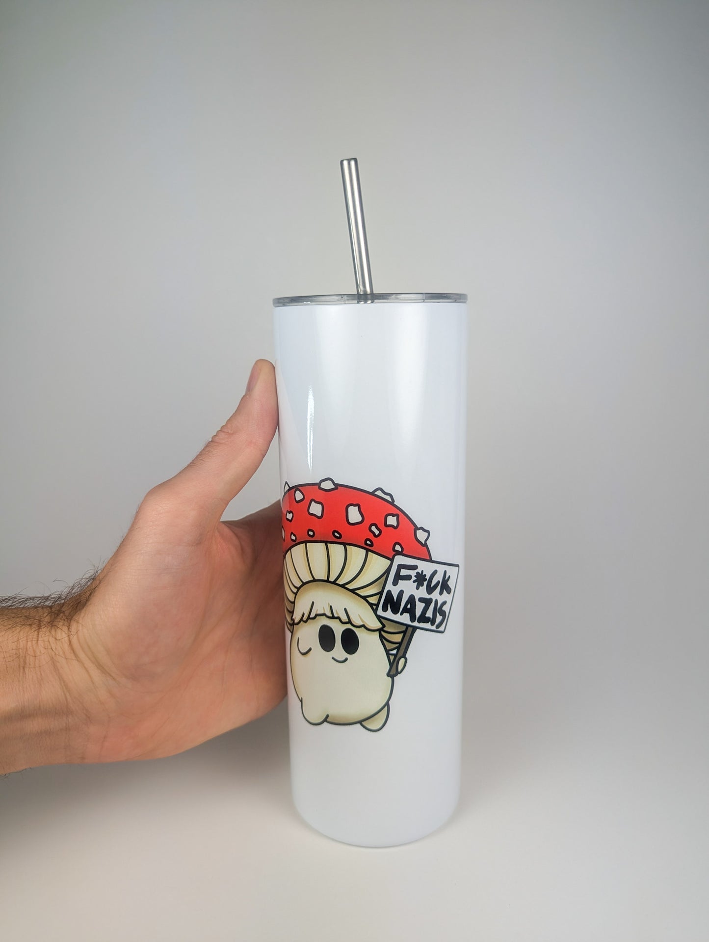 Fuck Nazis Amanita | 20oz Stainless Steel Skinny Tumbler | Anti-Oligarchy/No Kings Artwork