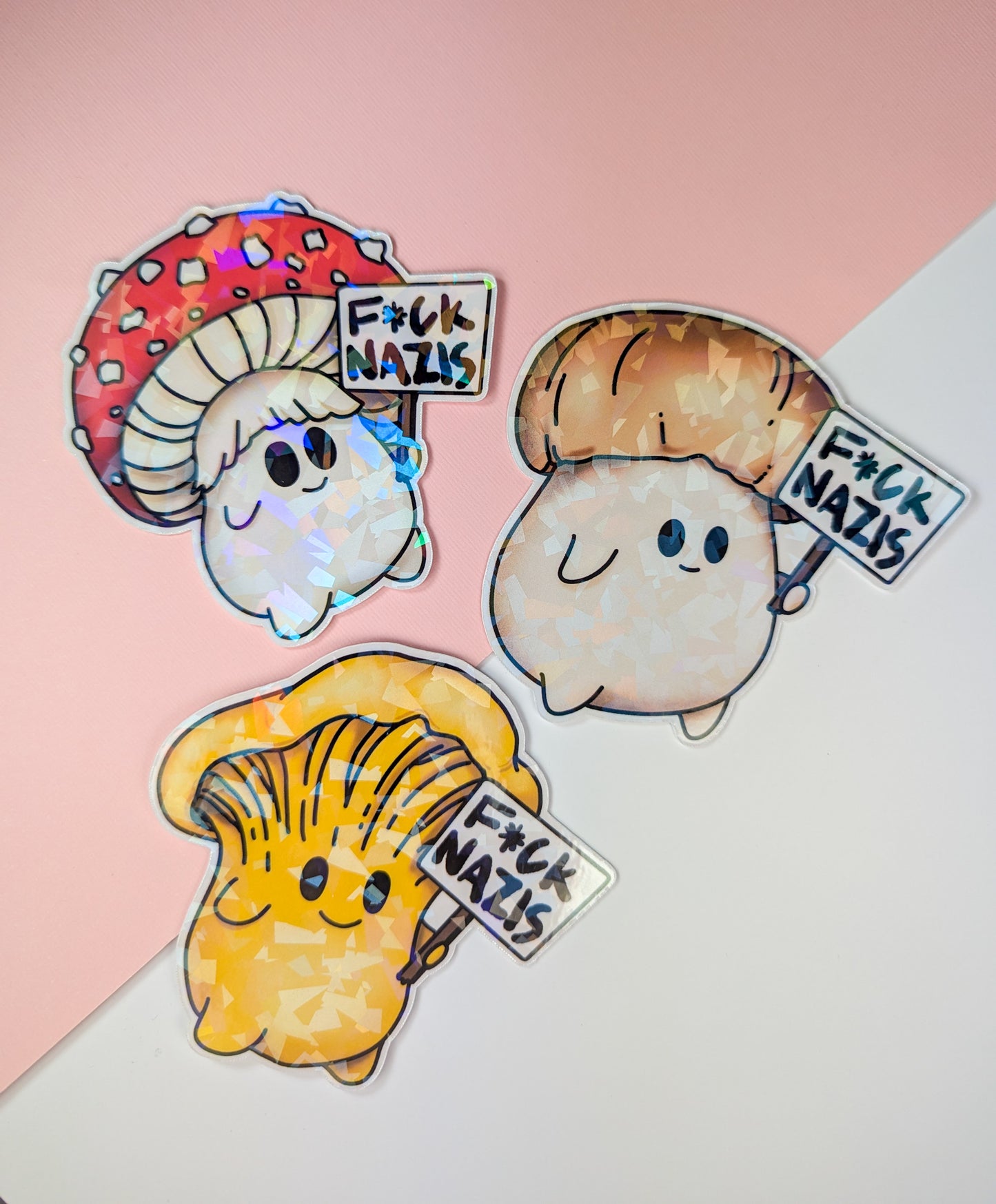 "F*ck Nazis" Mushroom Sticker Trio (censored) | Chanterelle, Amanita and Porcini Mushrooms Holding Picket Signs