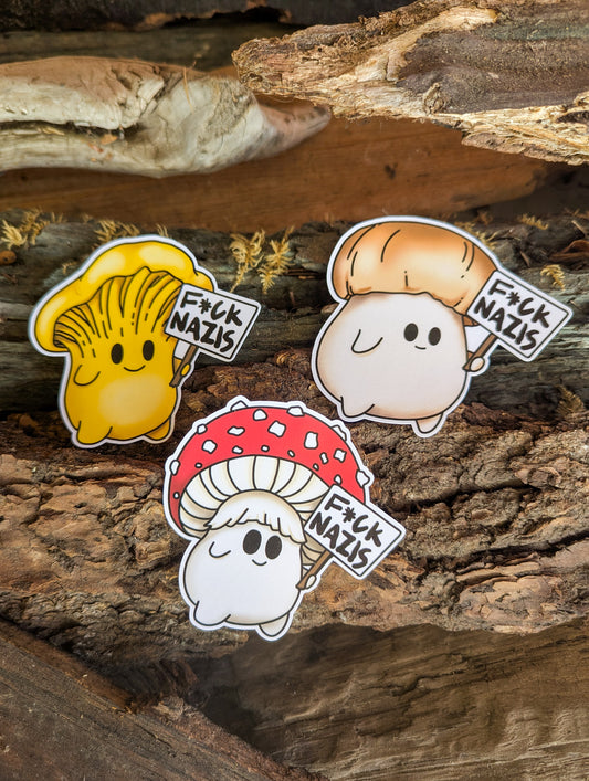 "F*ck Nazis" Mushroom Sticker Trio (censored) | Chanterelle, Amanita and Porcini Mushrooms Holding Picket Signs