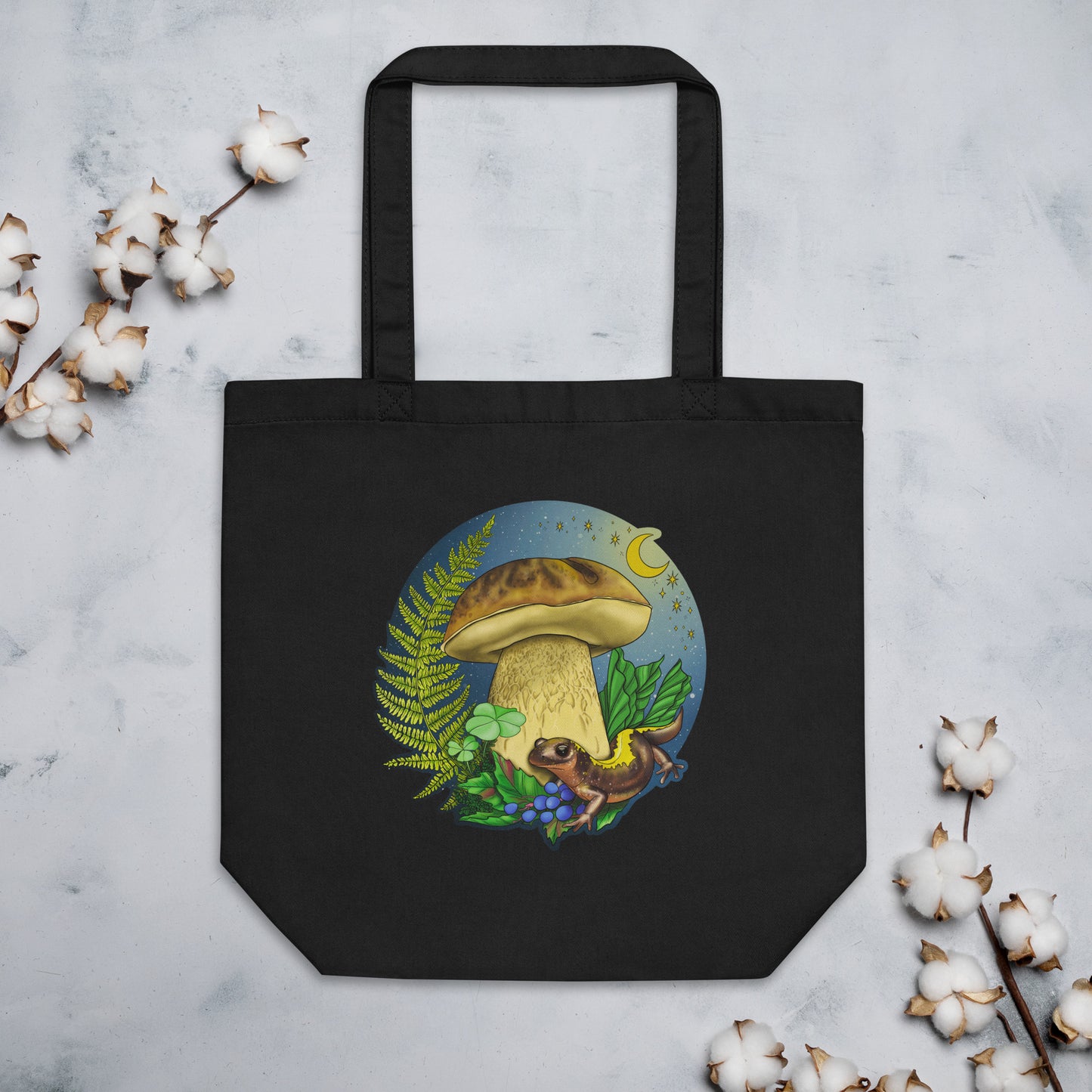 Porcini Mushroom and Salamander | Eco-Friendly Tote Bag | Beautiful Mushroom Artwork