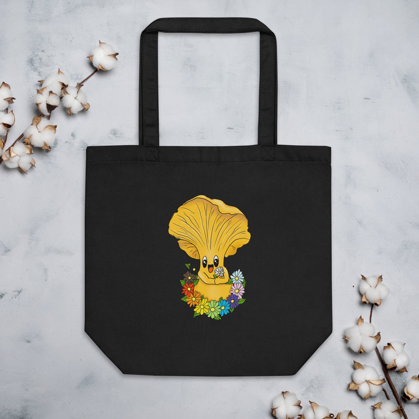 Chanterelle Mushroom w/Pride Rainbow Flowers | Eco-Friendly Tote Bag | Adorable Pride Mushroom Artwork