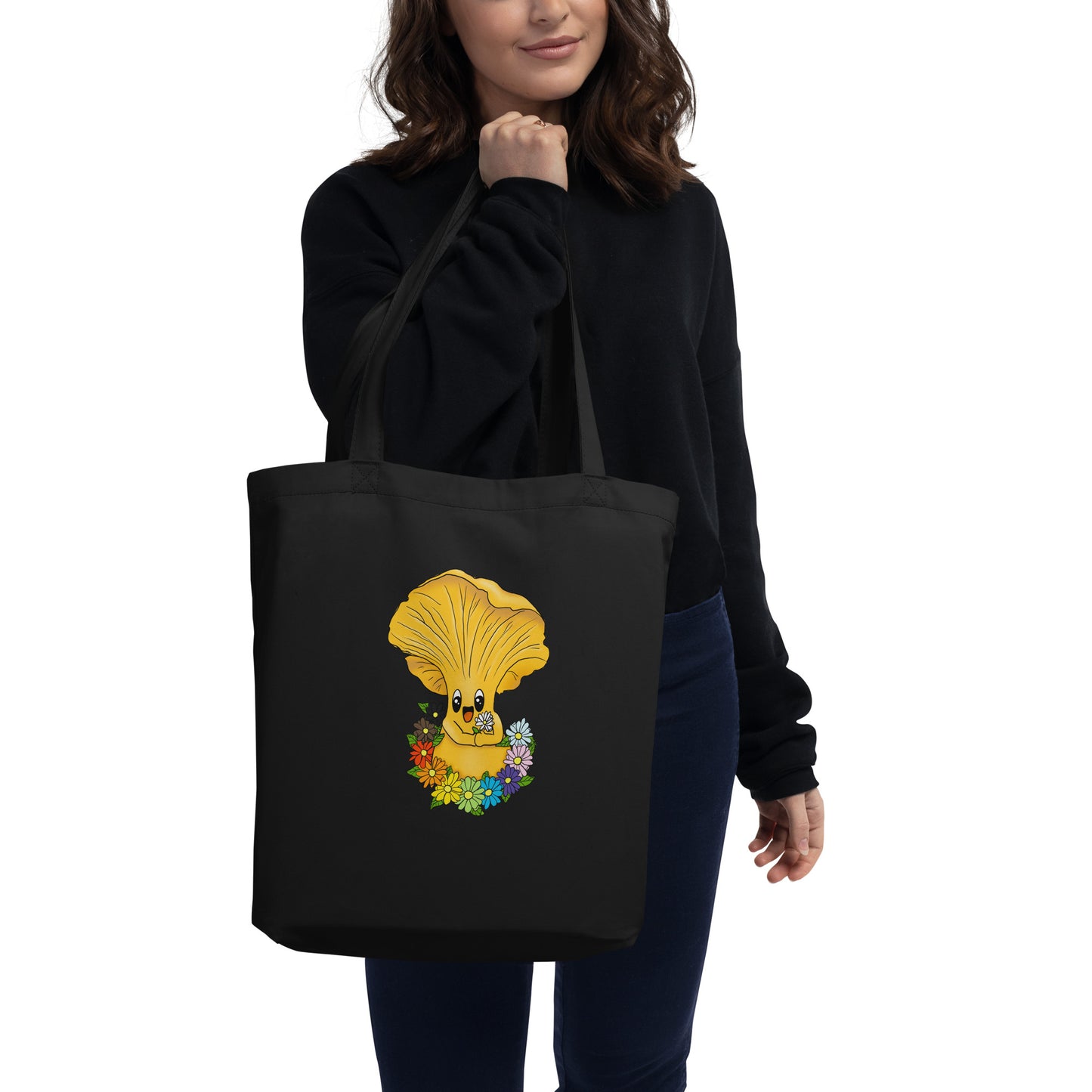 Chanterelle Mushroom w/Pride Rainbow Flowers | Eco-Friendly Tote Bag | Adorable Pride Mushroom Artwork