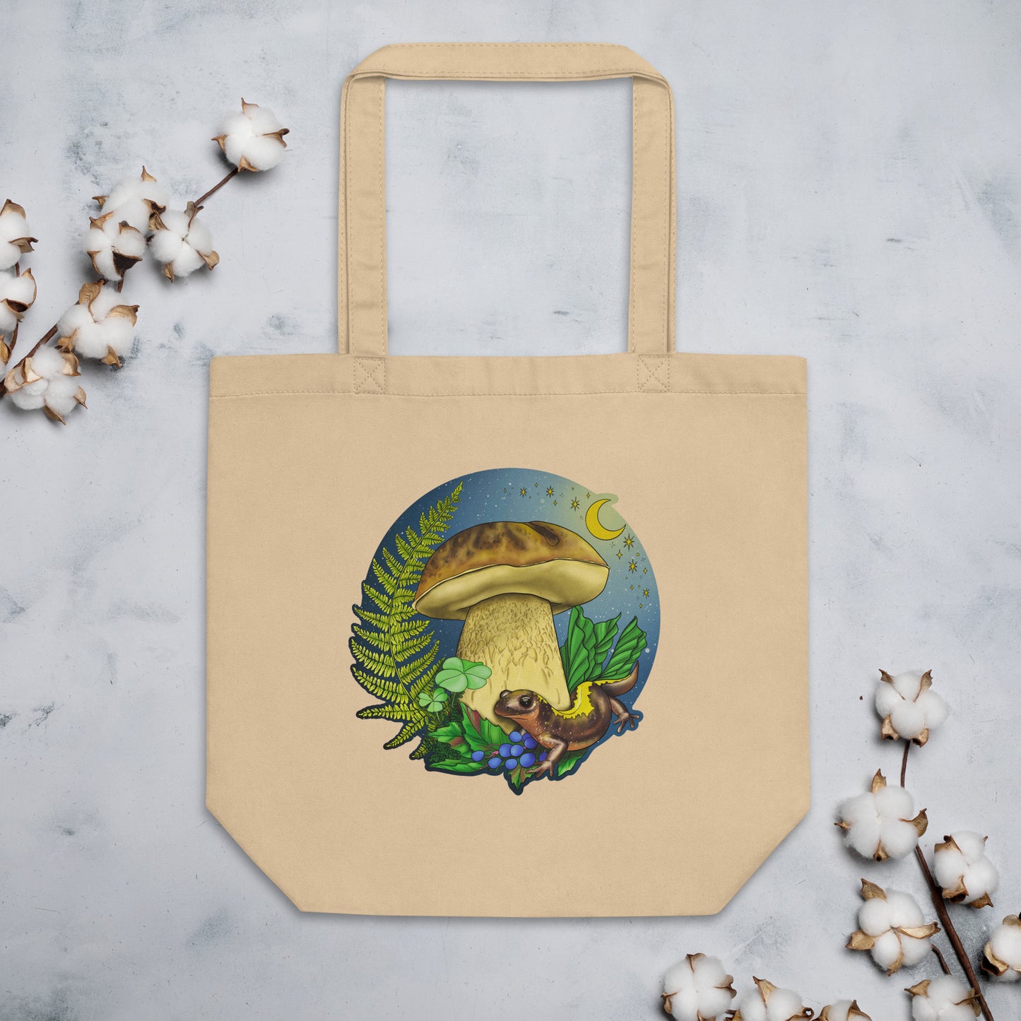 Porcini Mushroom and Salamander | Eco-Friendly Tote Bag | Beautiful Mushroom Artwork