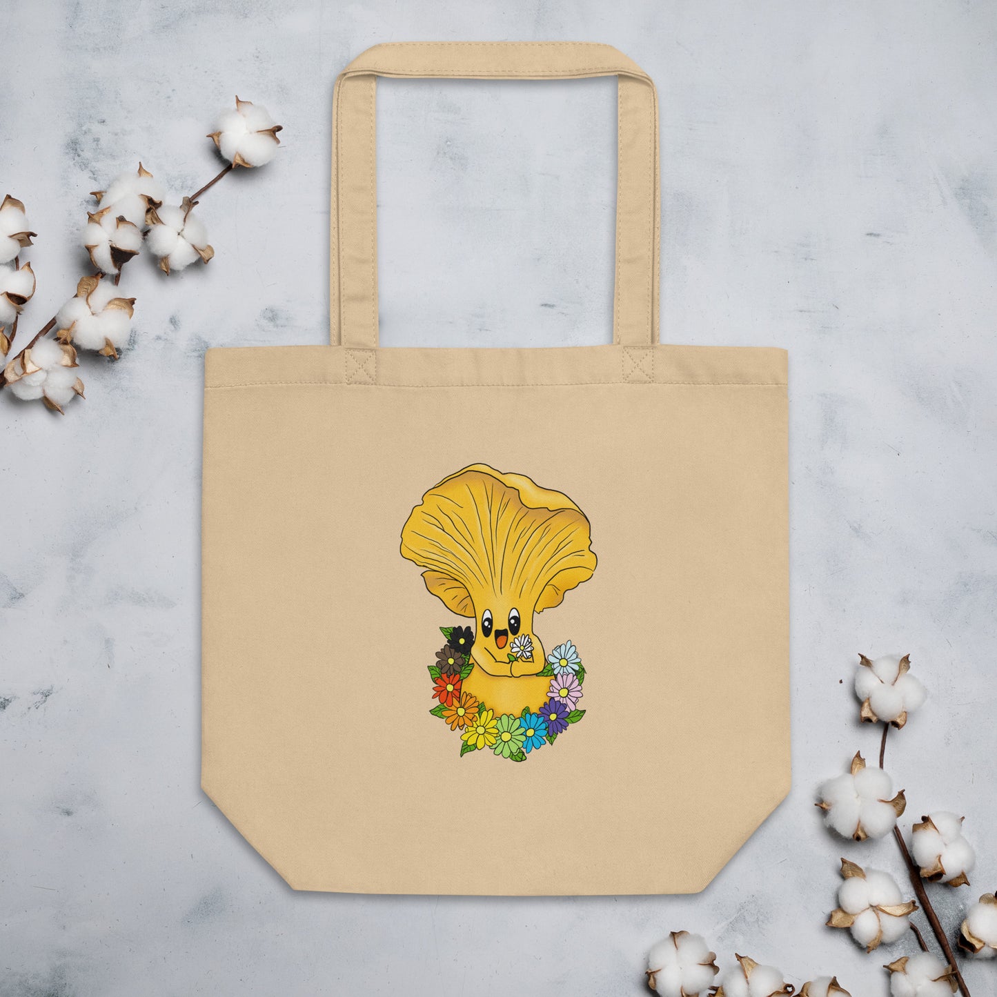 Chanterelle Mushroom w/Pride Rainbow Flowers | Eco-Friendly Tote Bag | Adorable Pride Mushroom Artwork