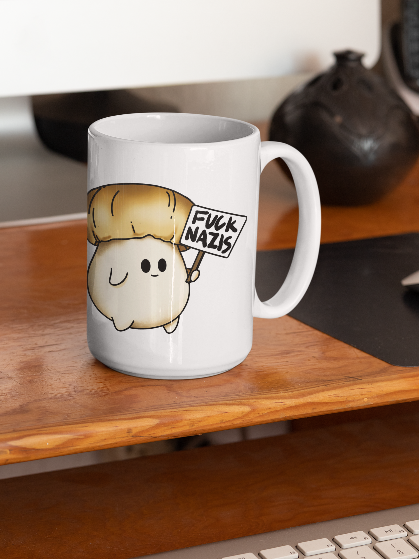 Fuck Nazis Porcini | Anti-Nazi Mushroom Mug | Mushroom Artwork on Ceramic Cup | 11oz/15oz Sizes