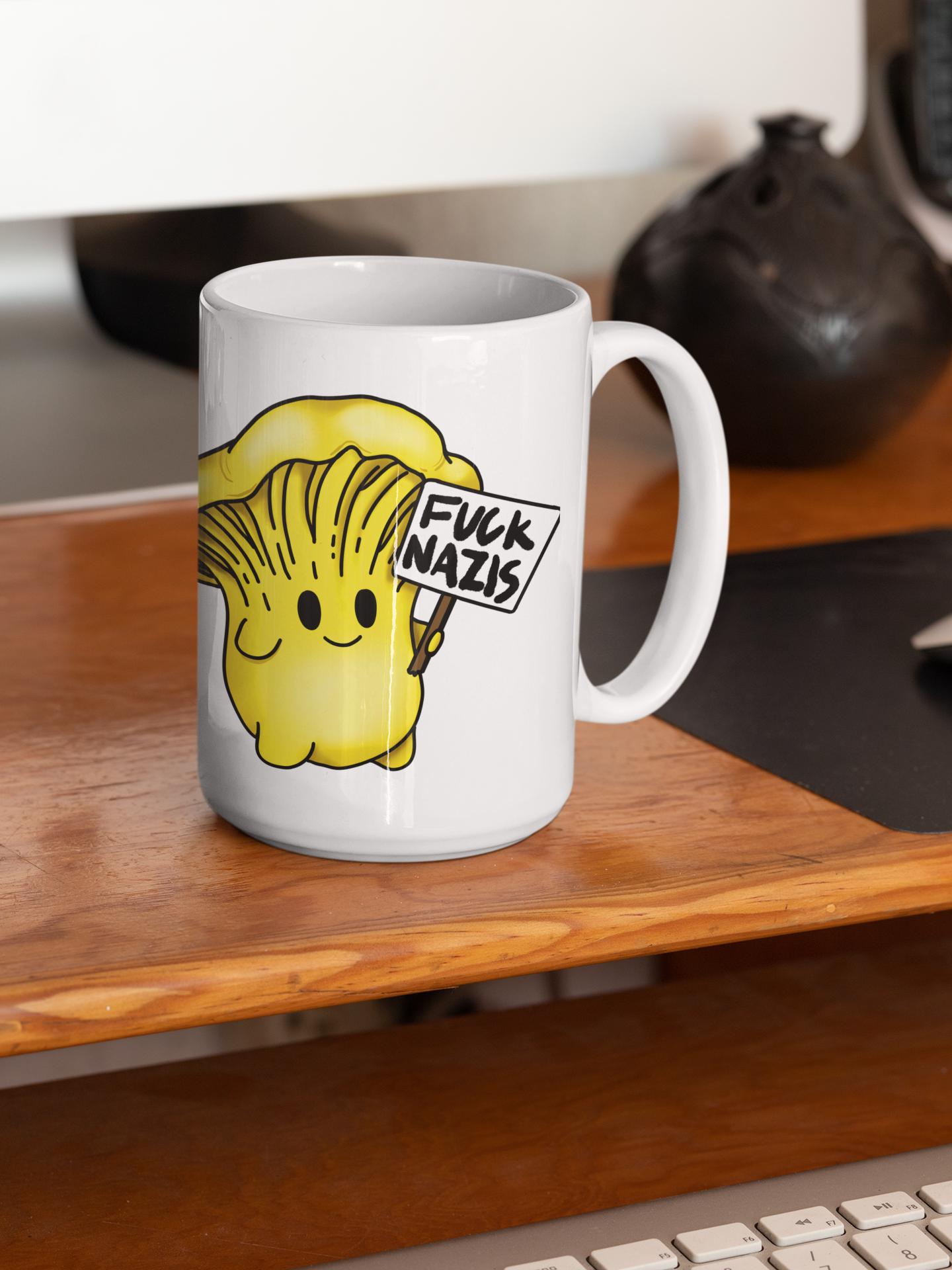 Fuck Nazis Chanterelle | Anti-Nazi Mushroom Mug | Mushroom Artwork on Ceramic Cup | 11oz/15oz Sizes
