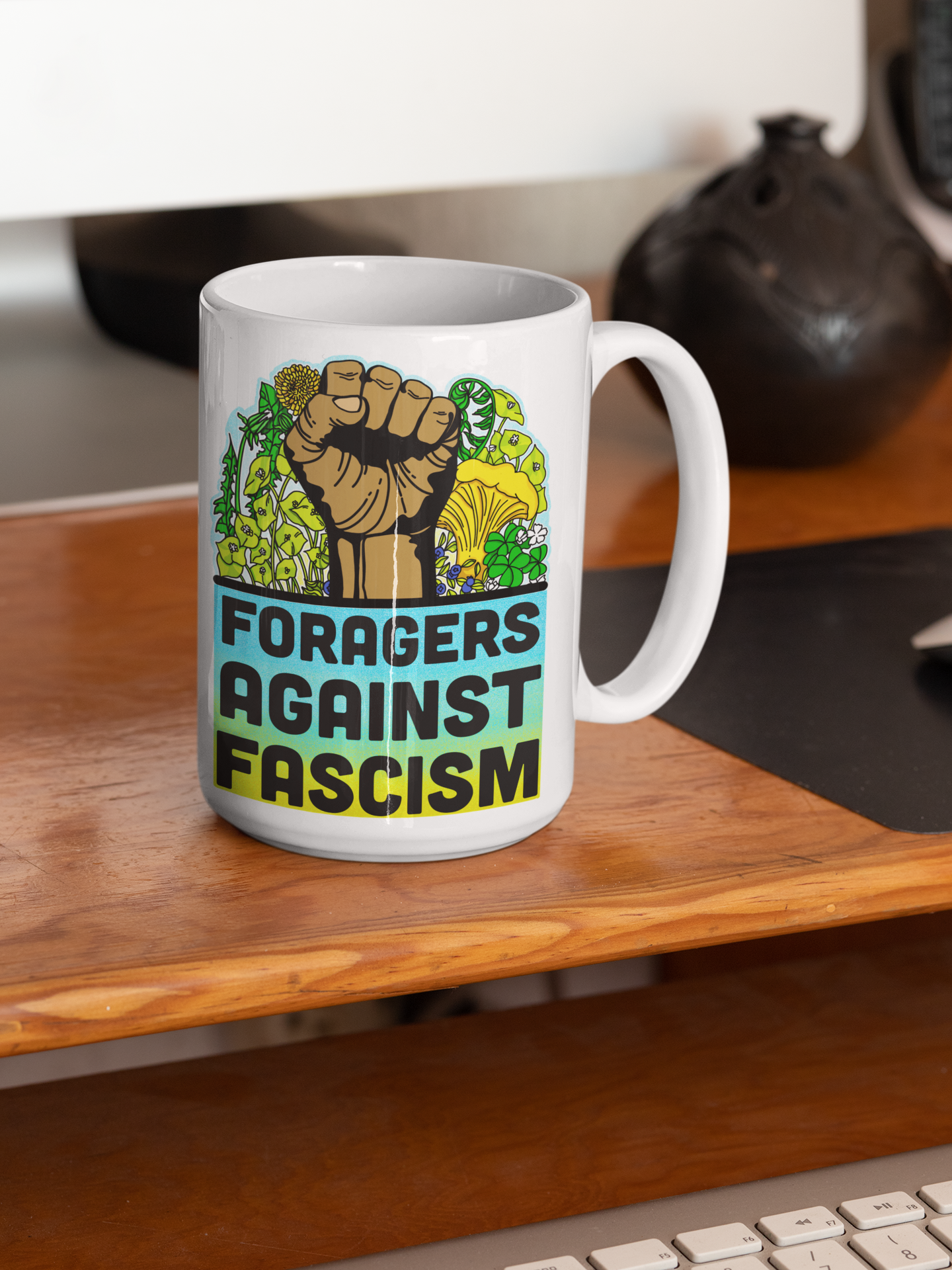Foragers Against Fascism | Anti-Oligarchy Mushroom Mug | Mushroom Artwork on Ceramic Cup | 11oz/15oz Sizes
