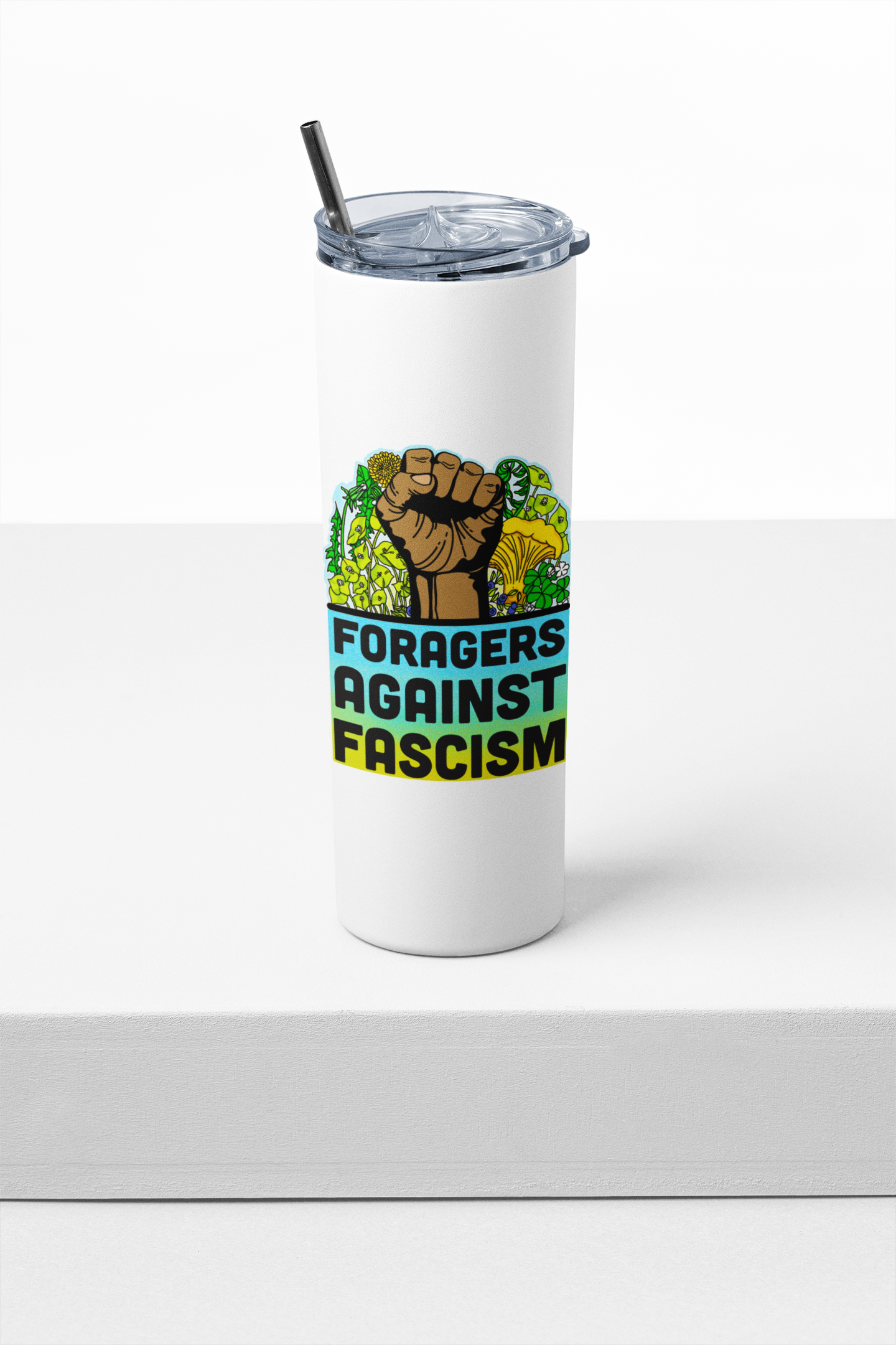 Foragers Against Fascism | 20oz Stainless Steel Skinny Tumbler | Anti-Oligarchy Artwork