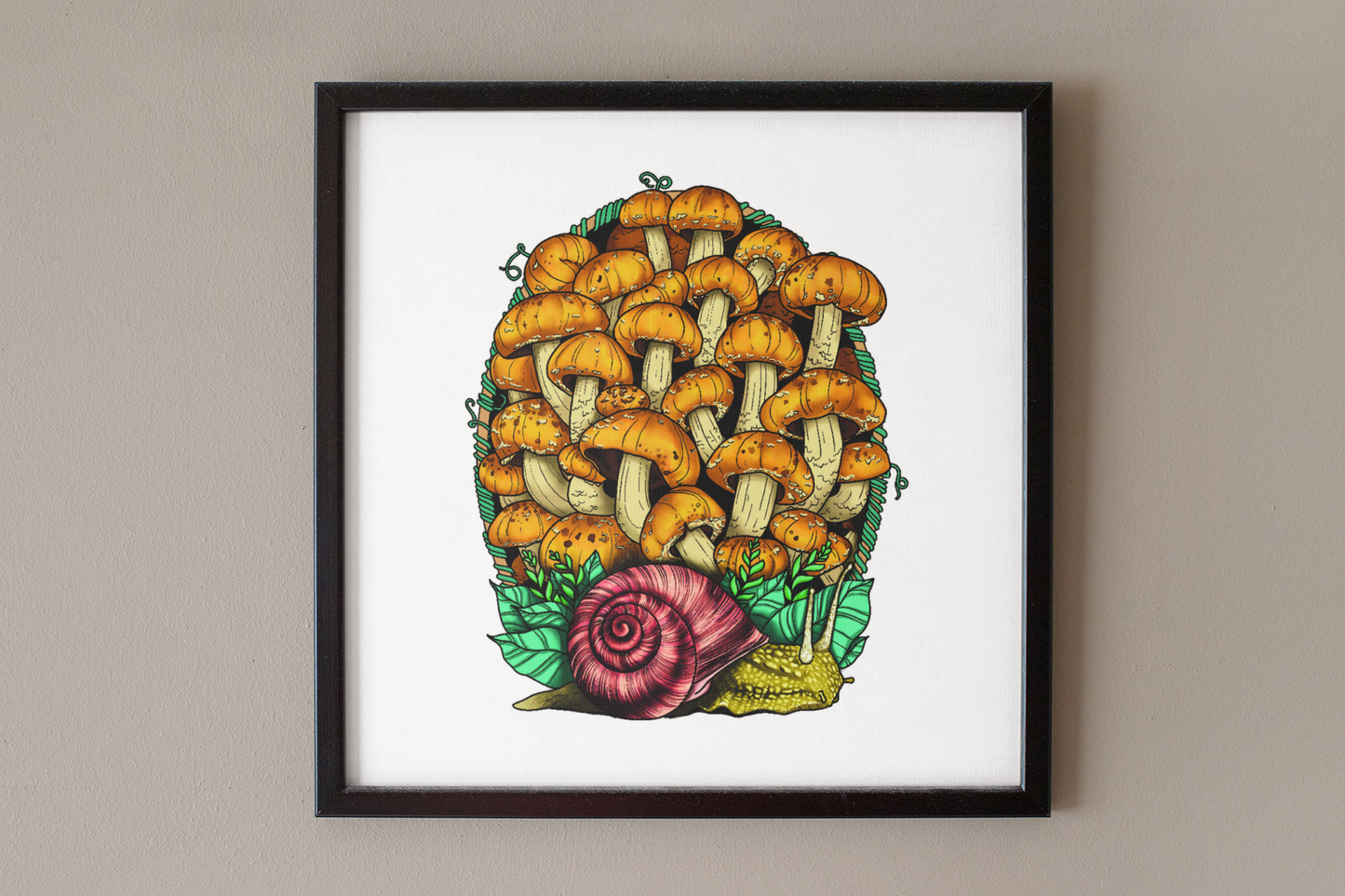 Land Snail and Chestnut Mushrooms | 8"x8" Print | Beautiful Nature Wall Hanging
