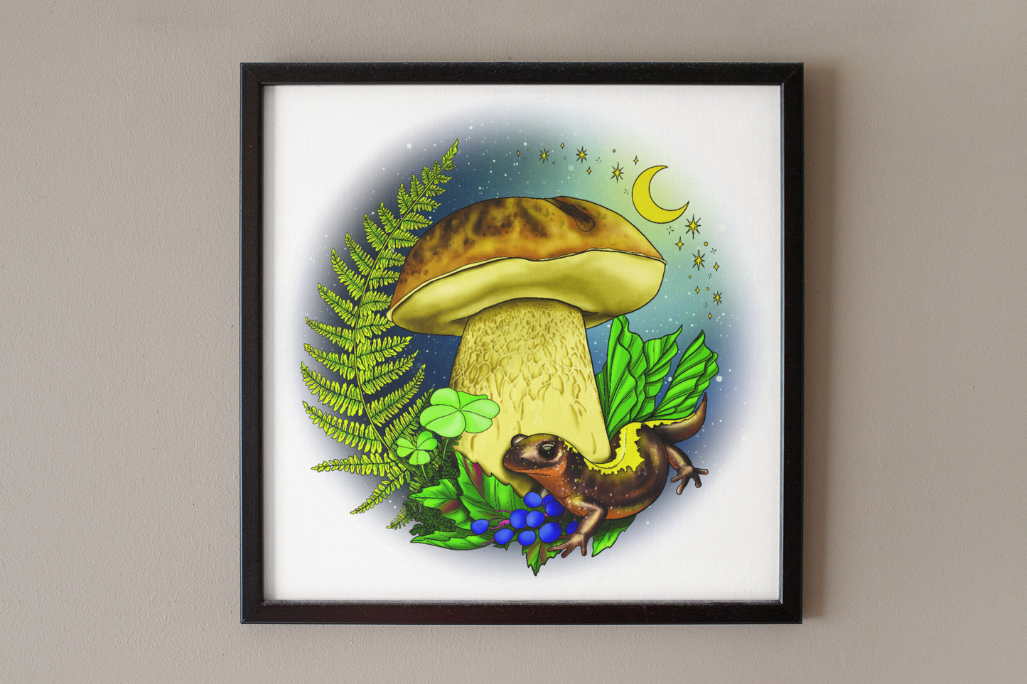Porcini Mushroom and Salamander | 8"x8" Print | Beautiful Nature Wall Hanging