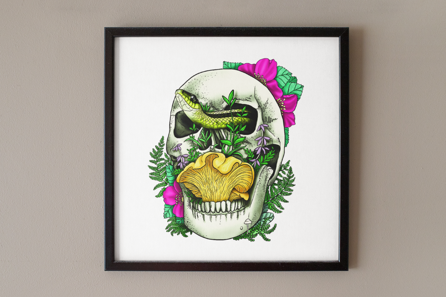 Skull, Snake and Chanterelle Mushroom | 8"x8" Print | Morbid and Beautiful Nature Wall Hanging