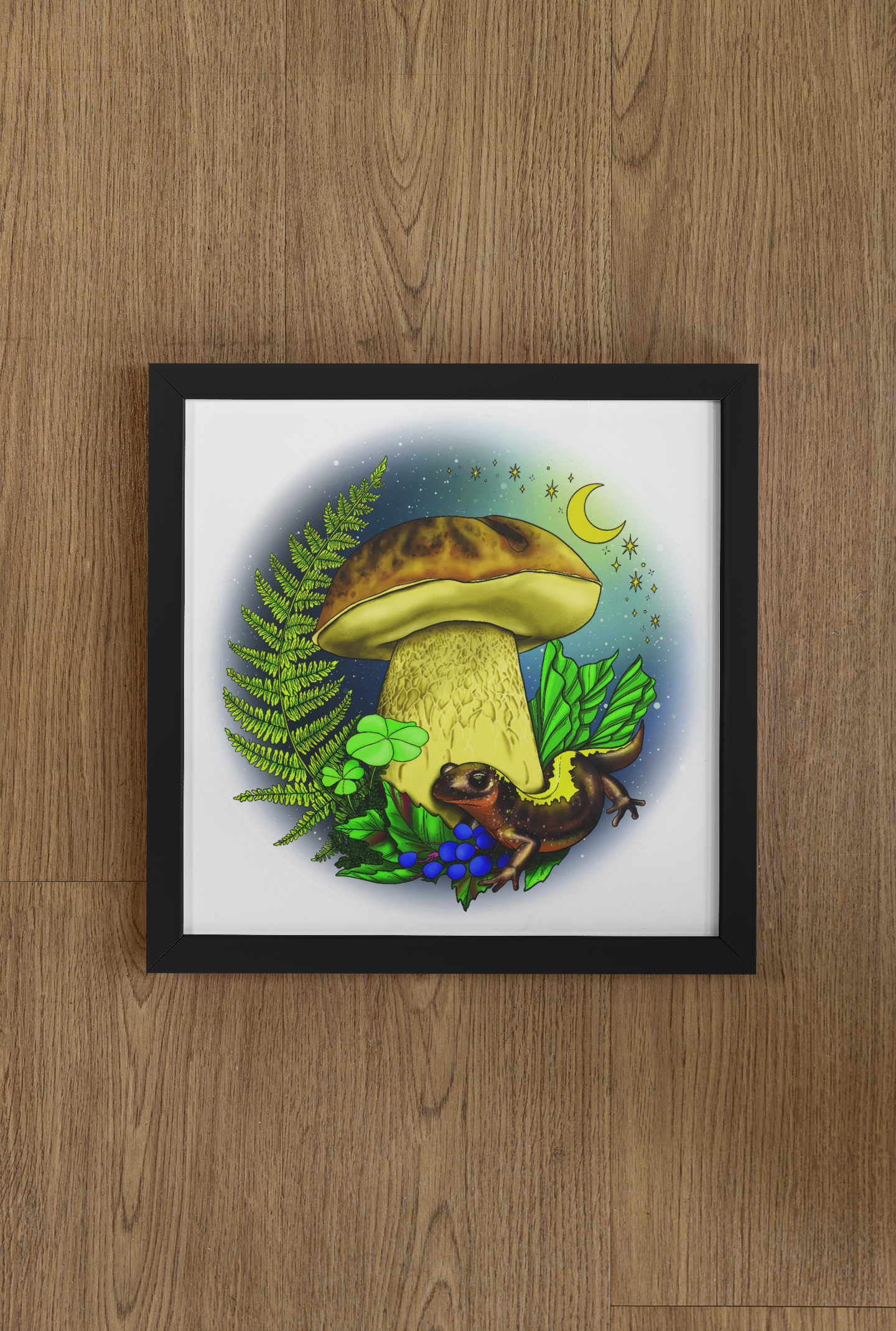 Porcini Mushroom and Salamander | 8"x8" Print | Beautiful Nature Wall Hanging